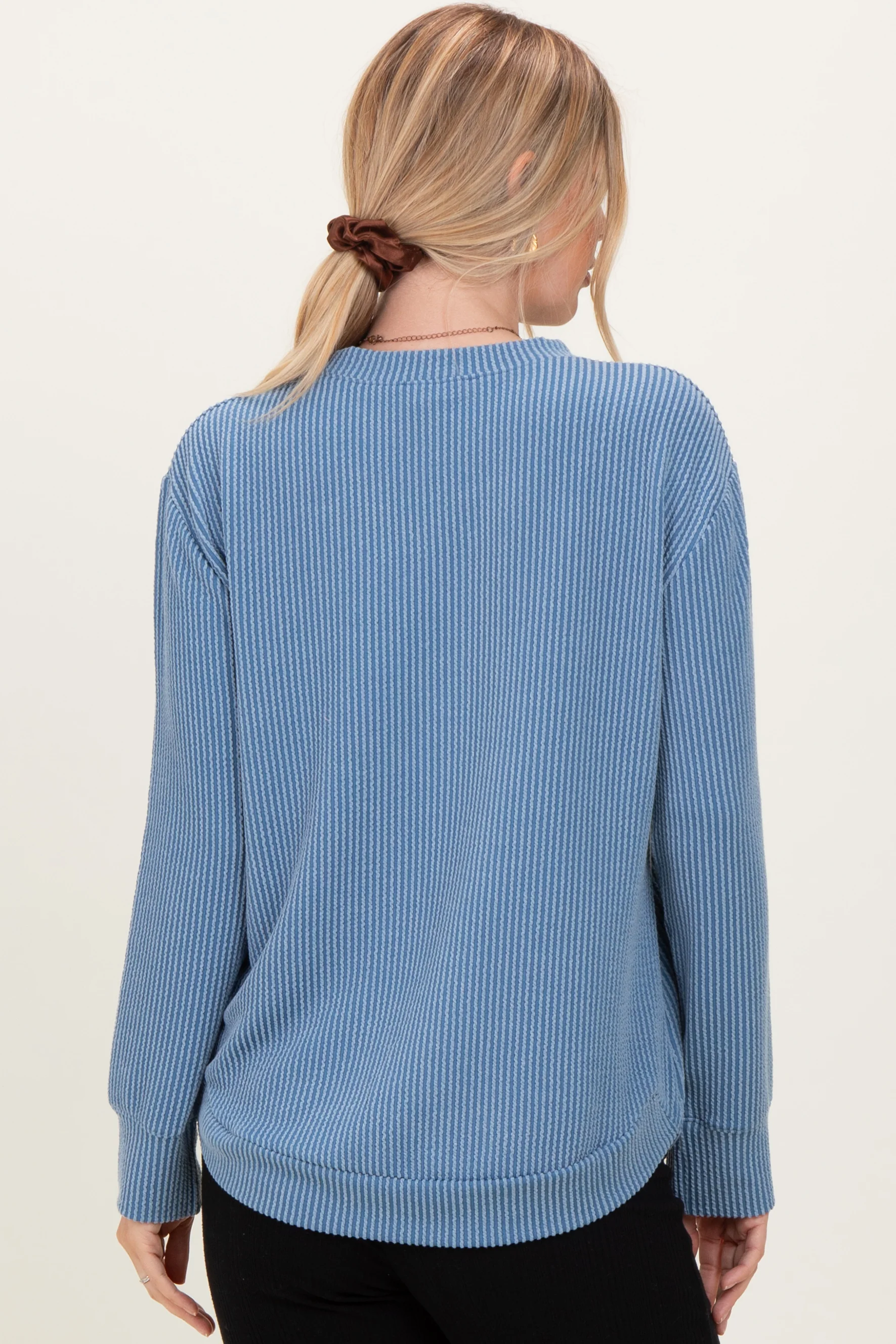 Dusty Blue Textured Rib Crew Neck Long Sleeve - Image 4