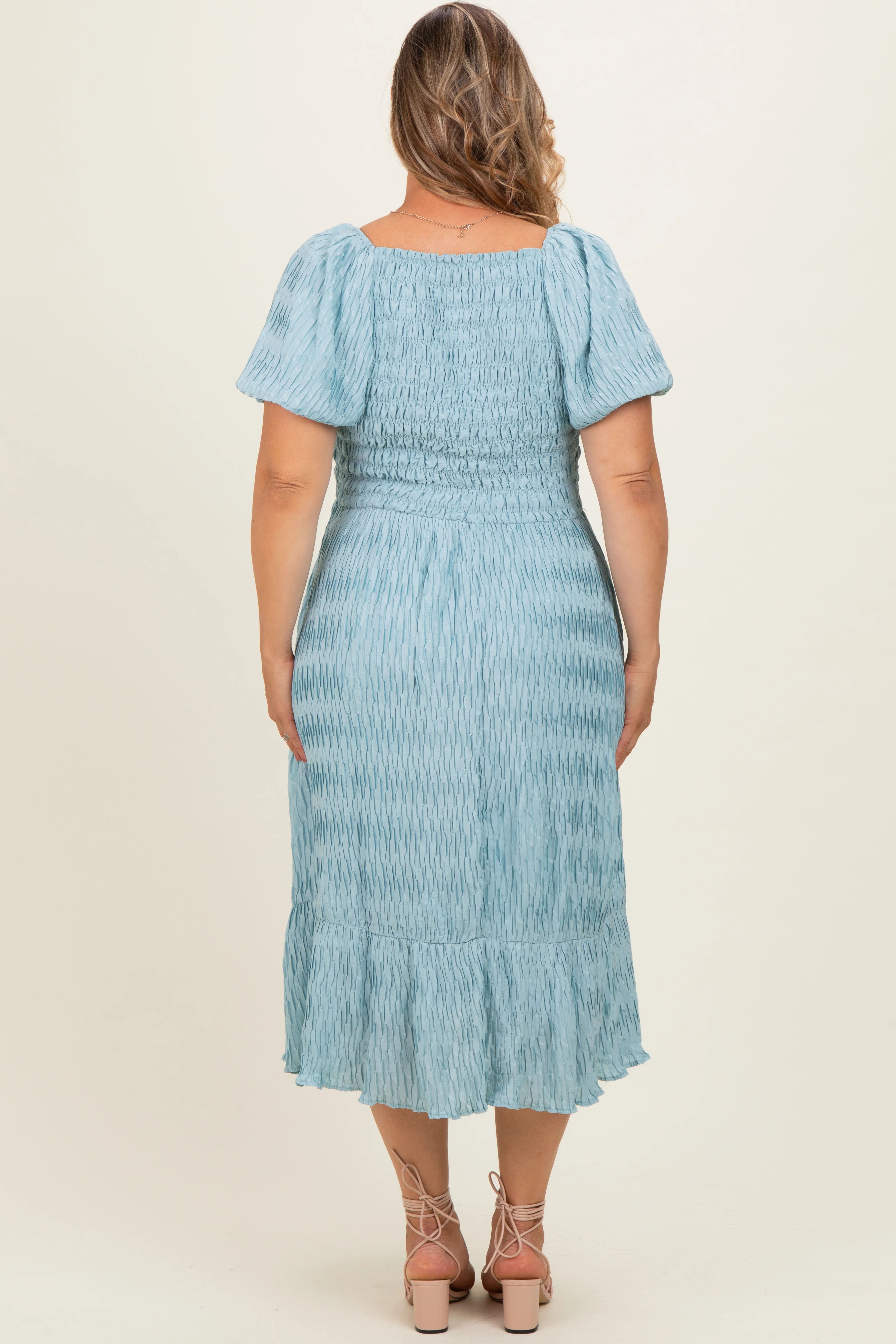Dusty Blue Textured Woven Maternity Plus Maxi Dress - Image 4