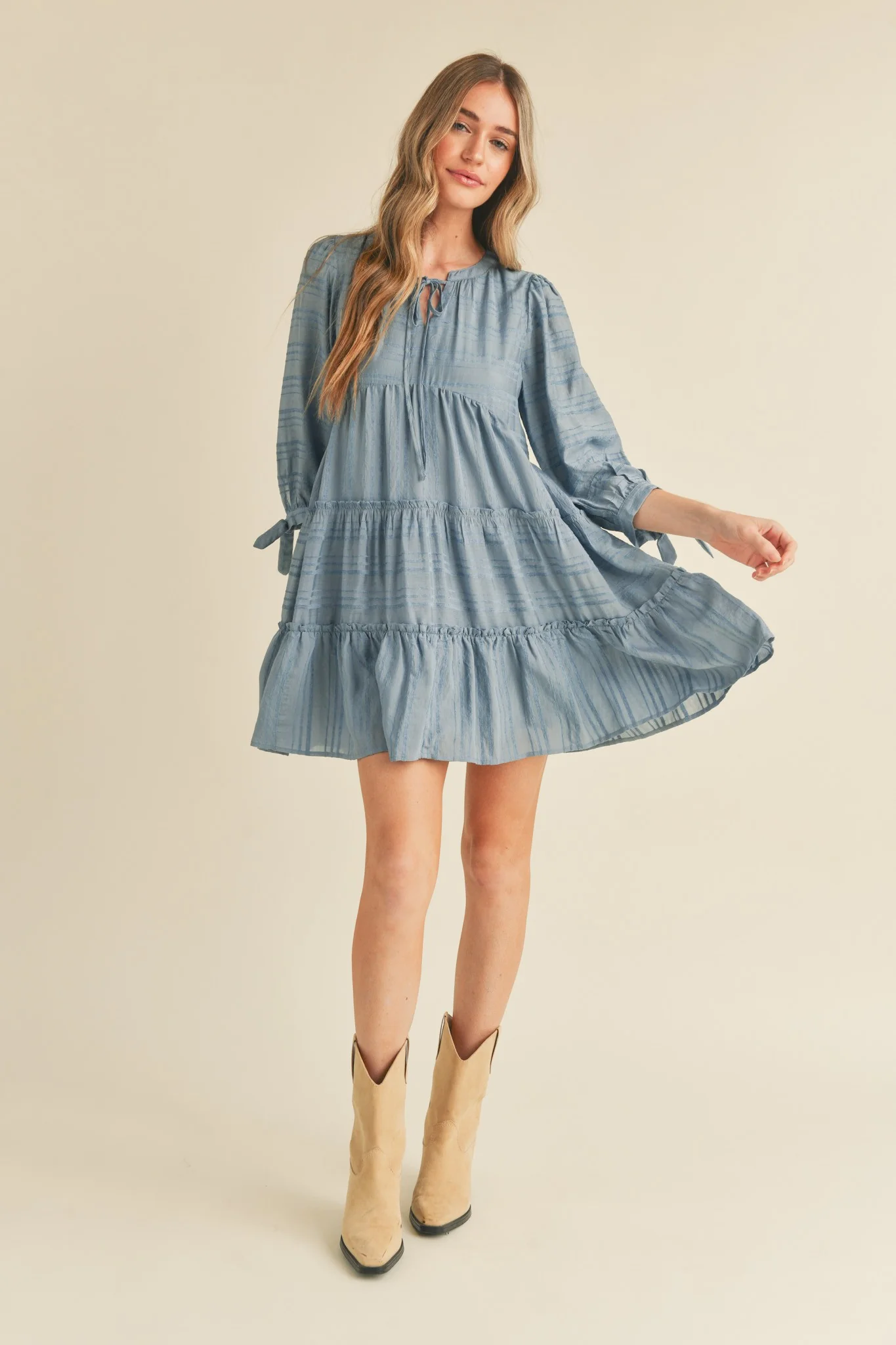 Dusty Denim Blue Tiered Long Sleeve Mini Dress - Image 4