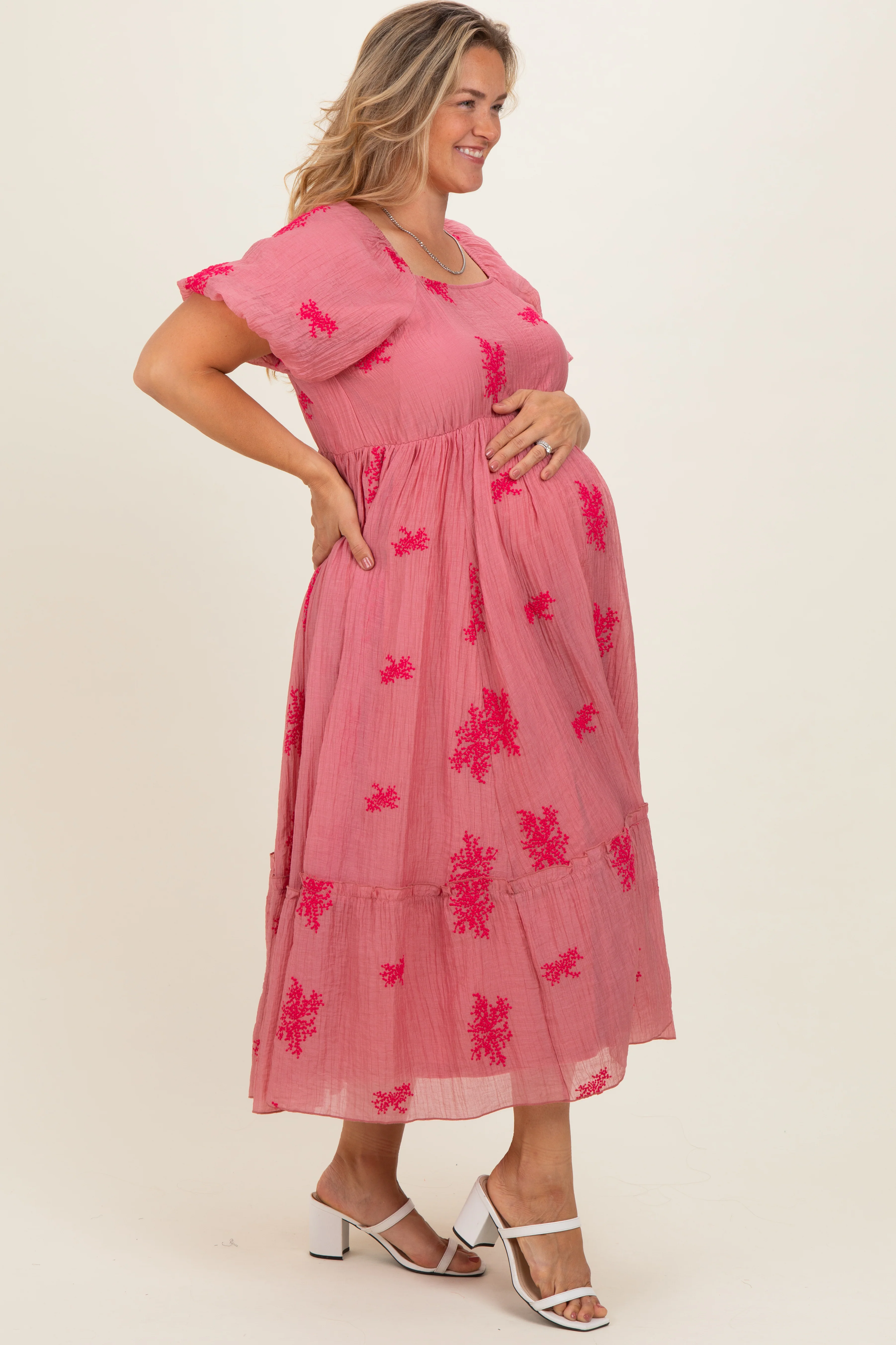Dusty Mauve Floral Print Ruffle Hem Maternity Plus Midi Dress - Image 3