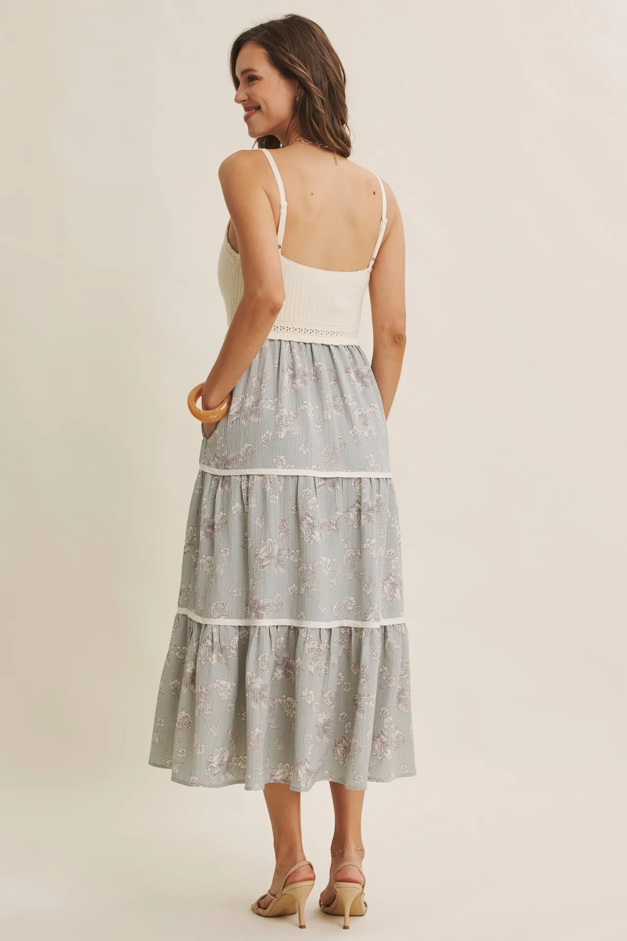 Dusty Mint Floral Crochet Knit Top Floral Skirt Dress - Image 5