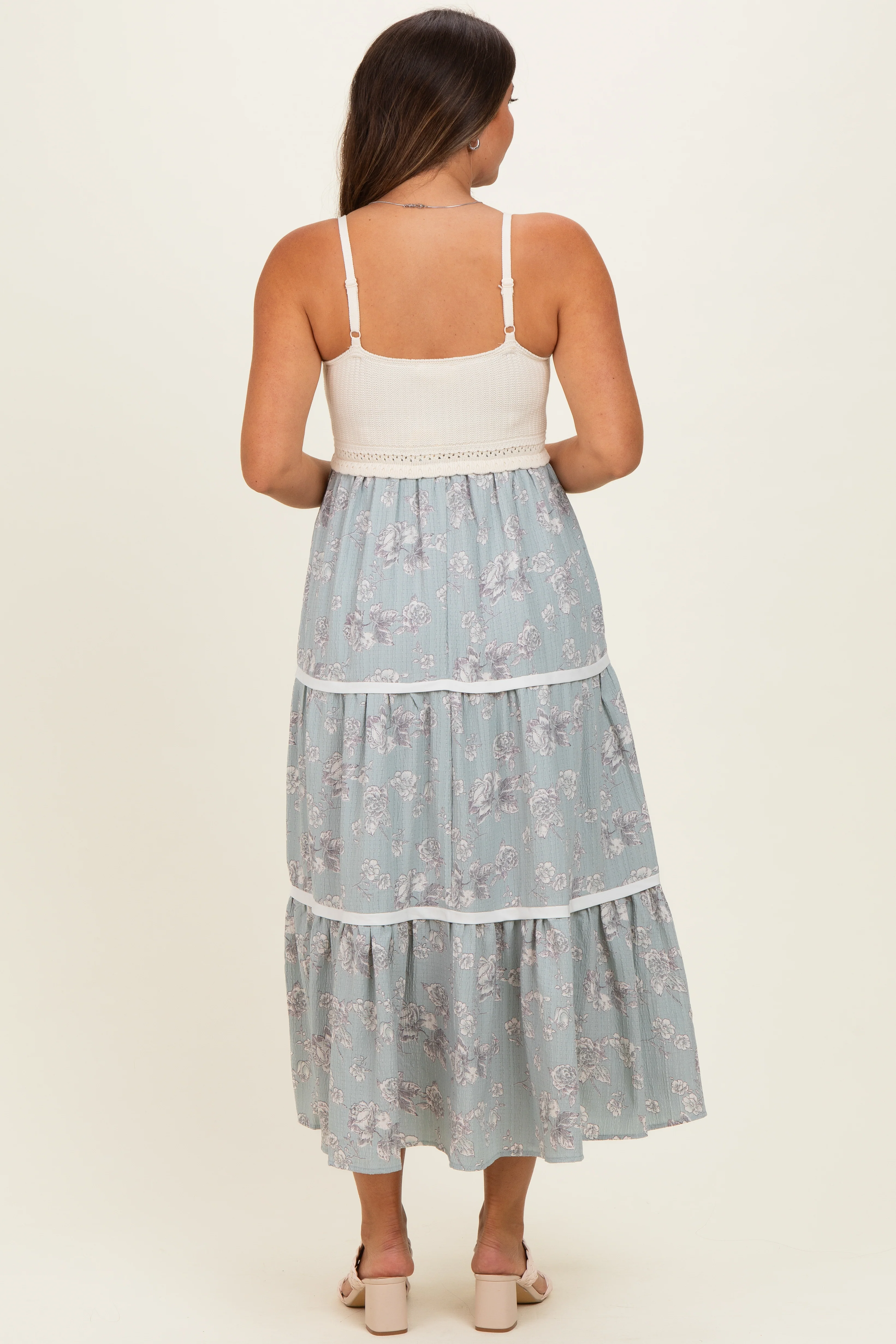 Dusty Mint Floral Crochet Knit Top Floral Skirt Maternity Dress - Image 4