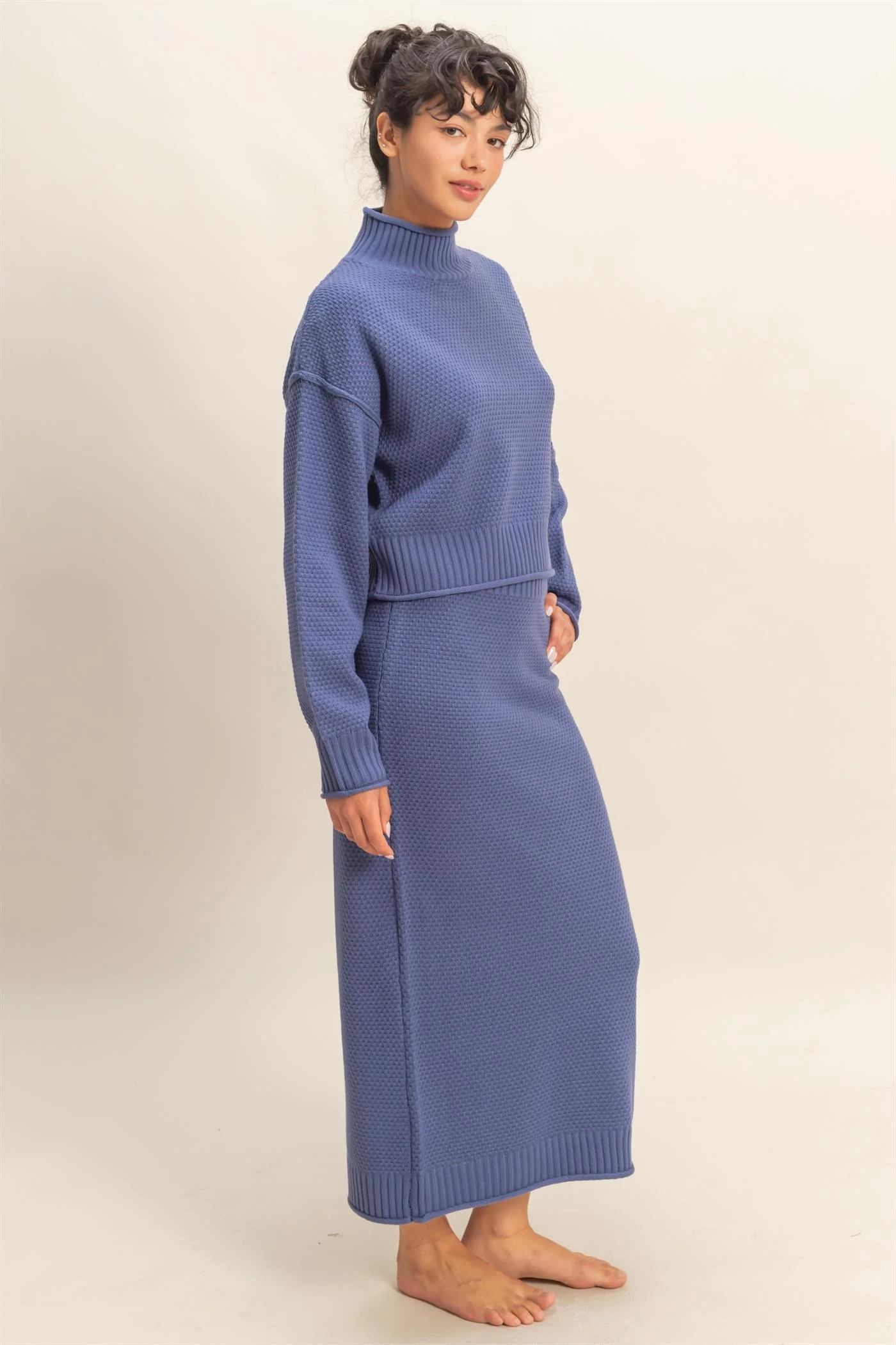 Dusty Navy Waffle Knit High Neck Sweater Skirt Set - Image 3