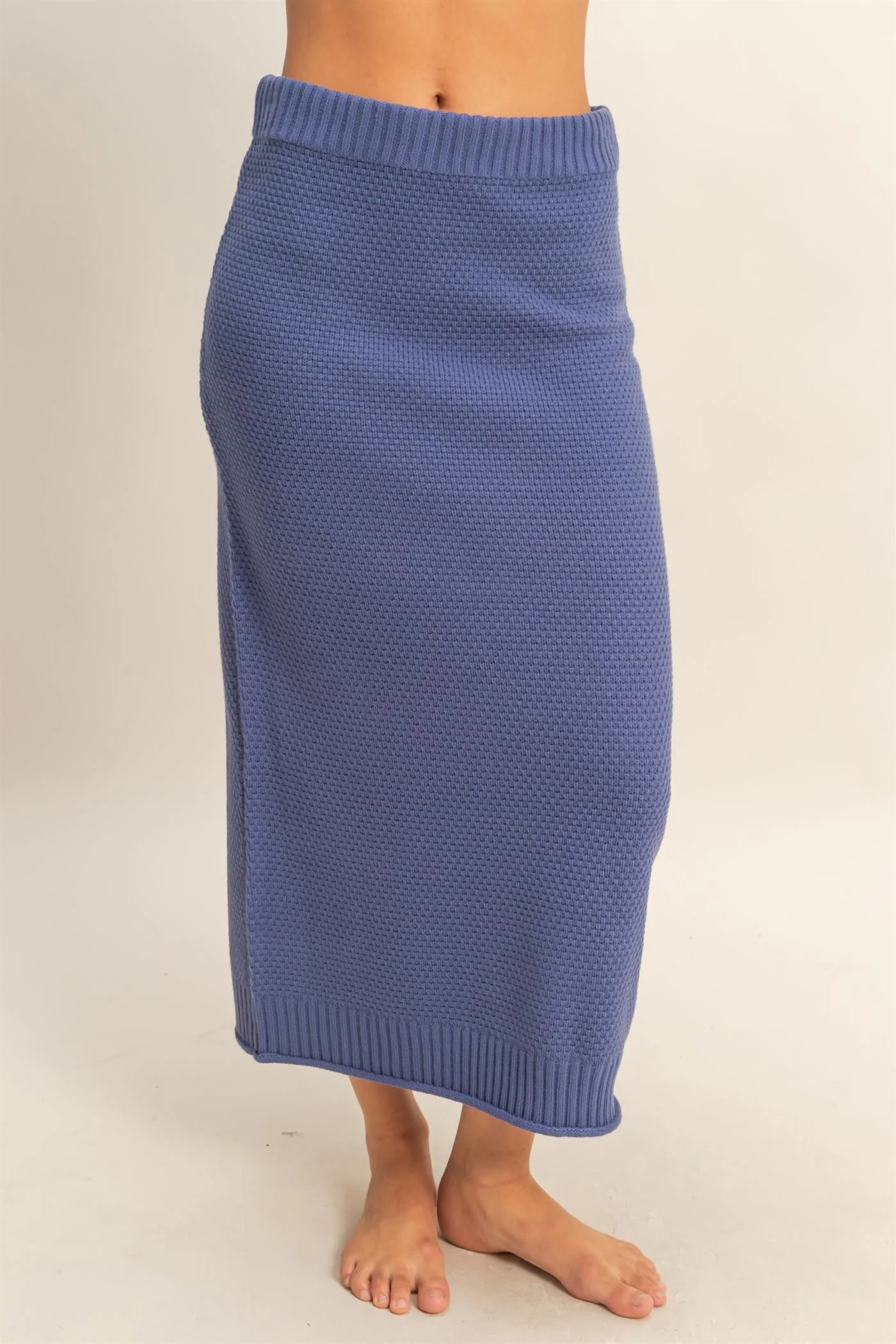 Dusty Navy Waffle Knit High Neck Sweater Skirt Set - Image 5
