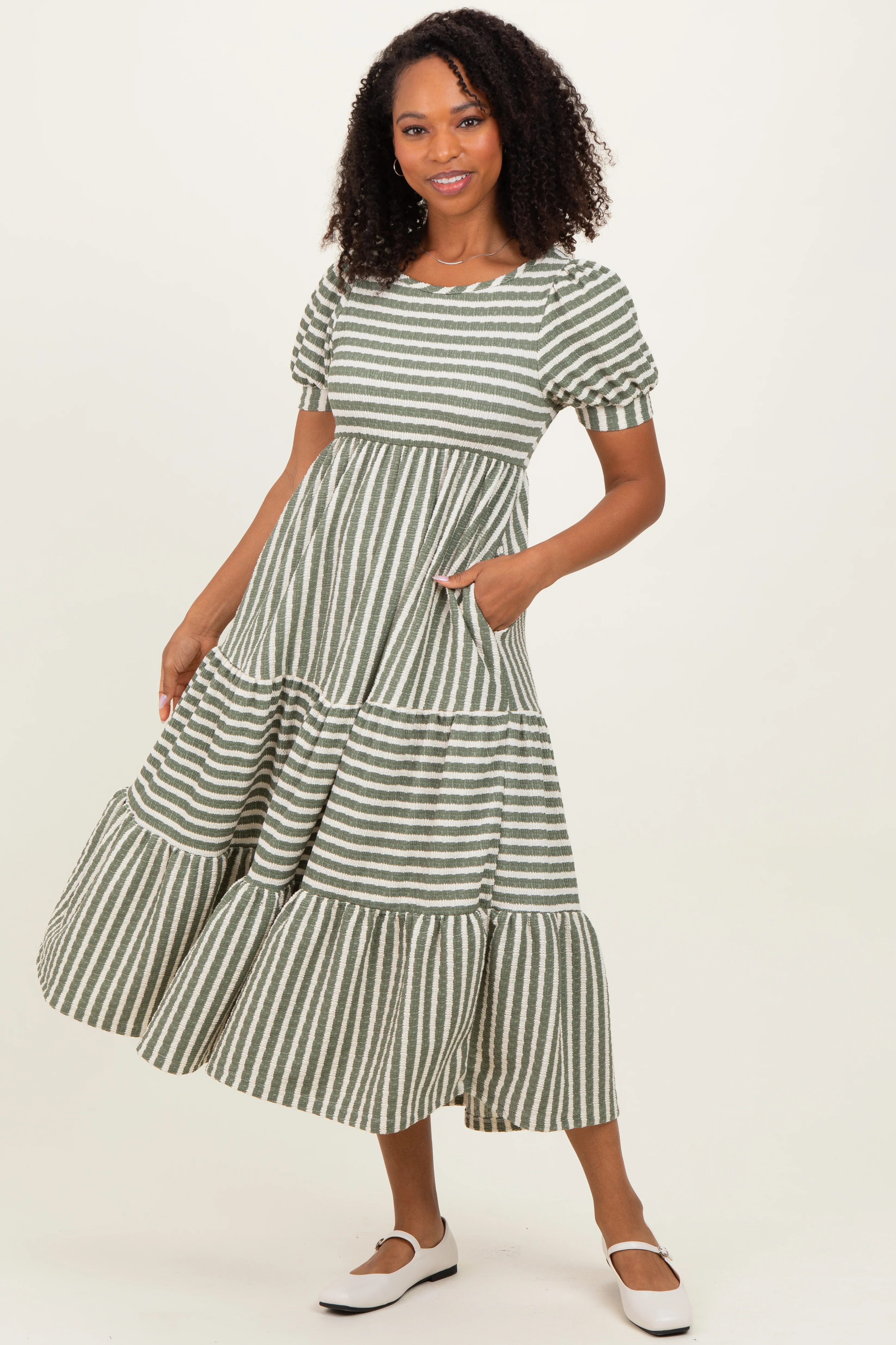 Dusty Olive/ Cream Striped Short Sleeve Tiered Maternity Maxi Dress - Image 4