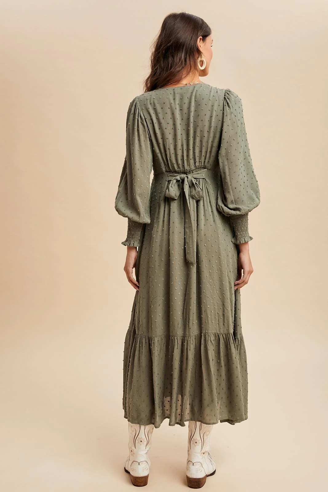 Dusty Olive Swiss Dot Button Down Maxi Dress - Image 4
