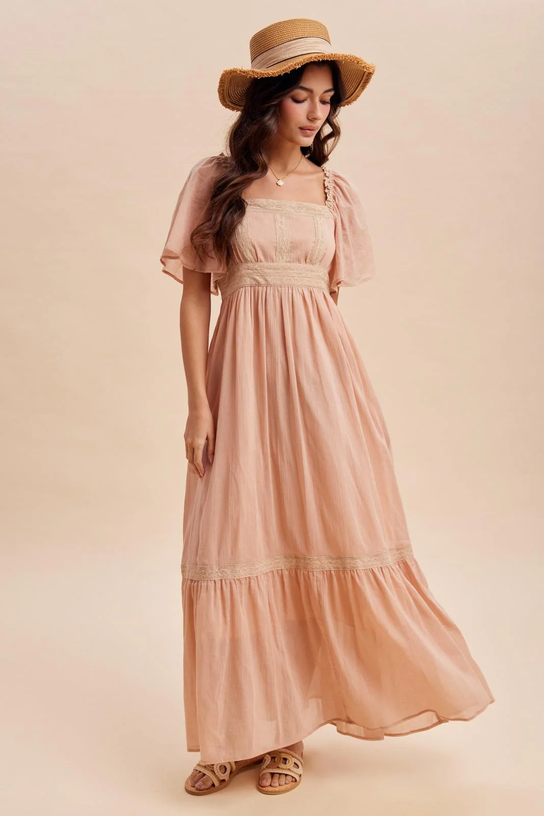 Dusty Pink Lace Accent Flutter Sleeve Maxi Dress - Image 2
