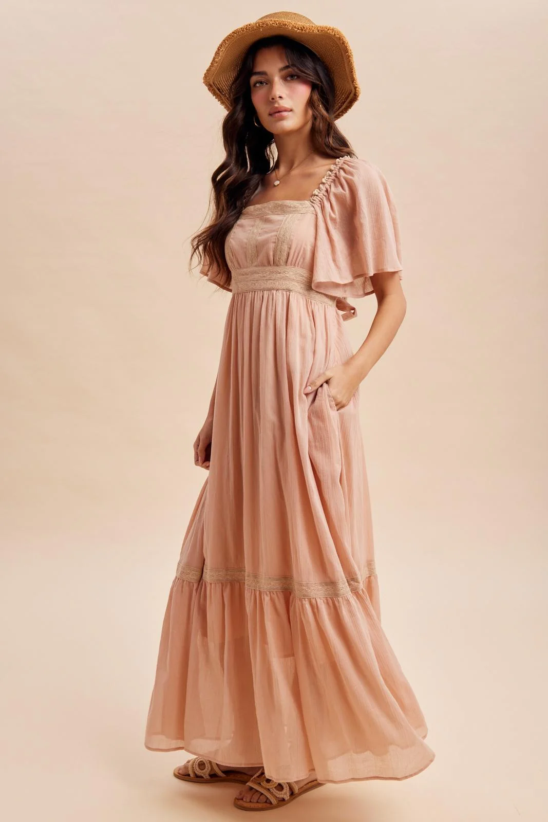 Dusty Pink Lace Accent Flutter Sleeve Maxi Dress - Image 3