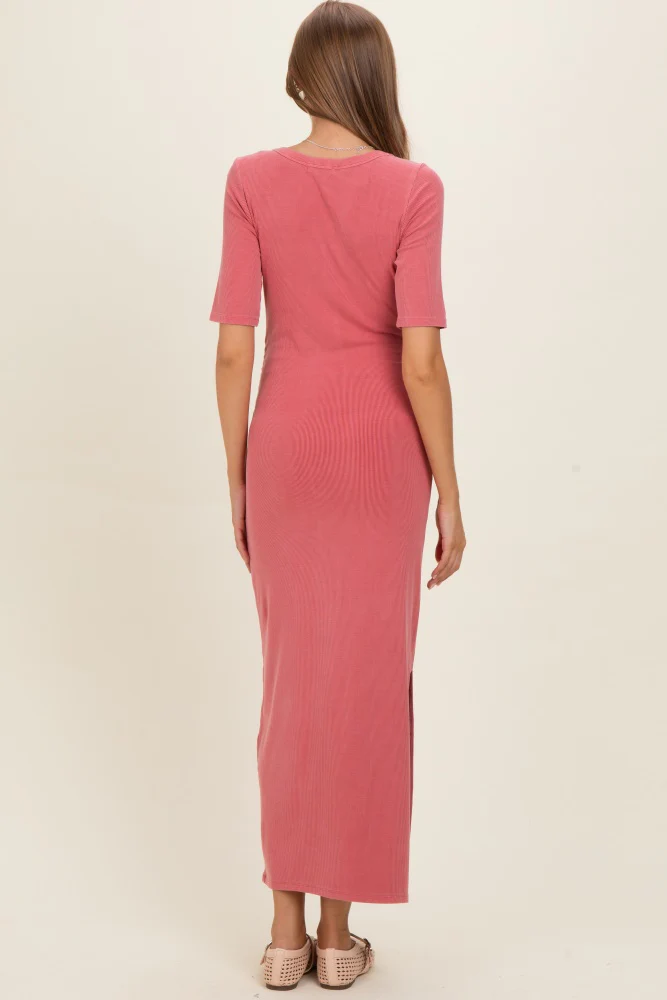 Dusty Rose Ruched Short Sleeve Side Slit Maternity Midi Dress - Image 3