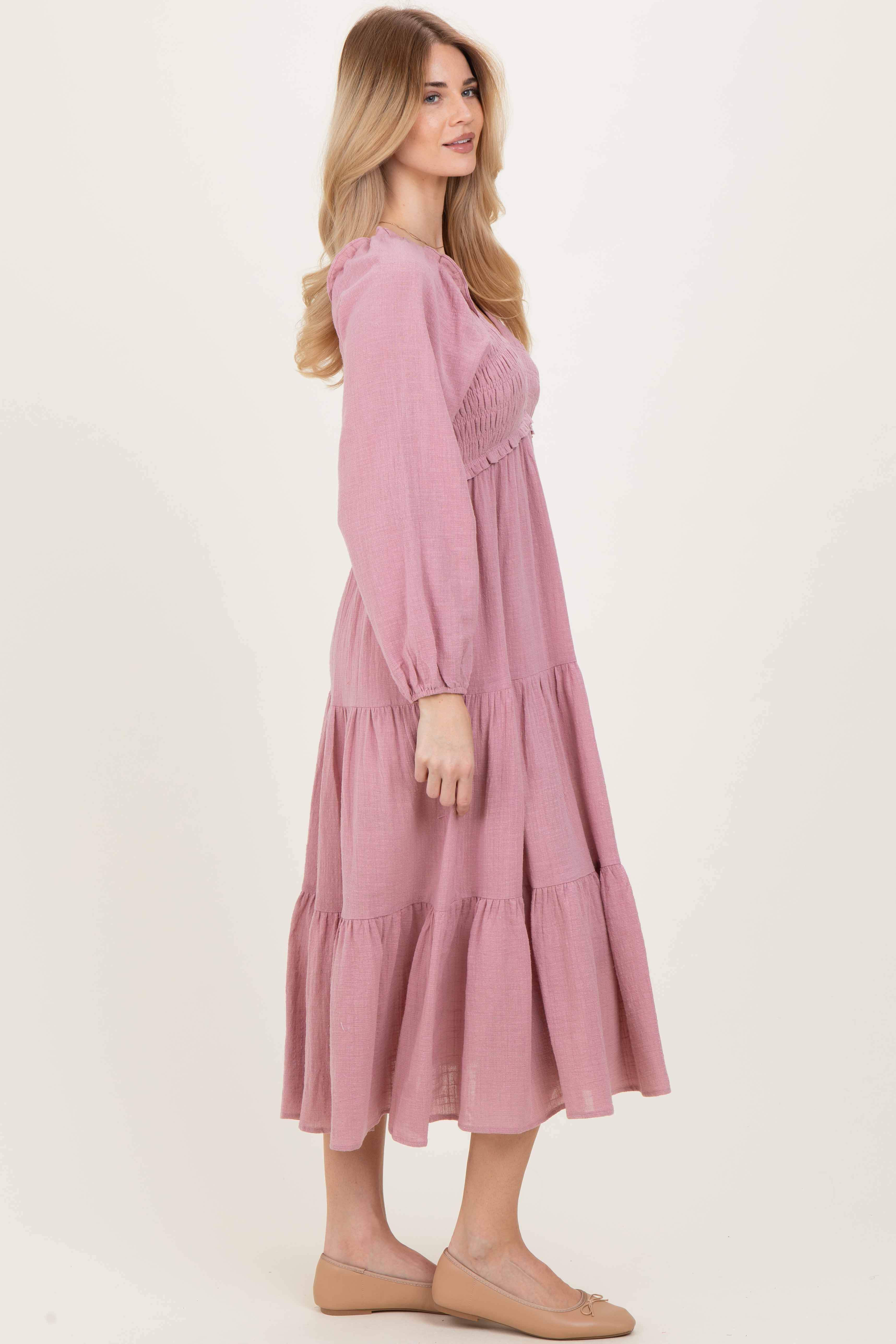 Dusty Rose Smocked Long Sleeve Midi Dress - Image 3