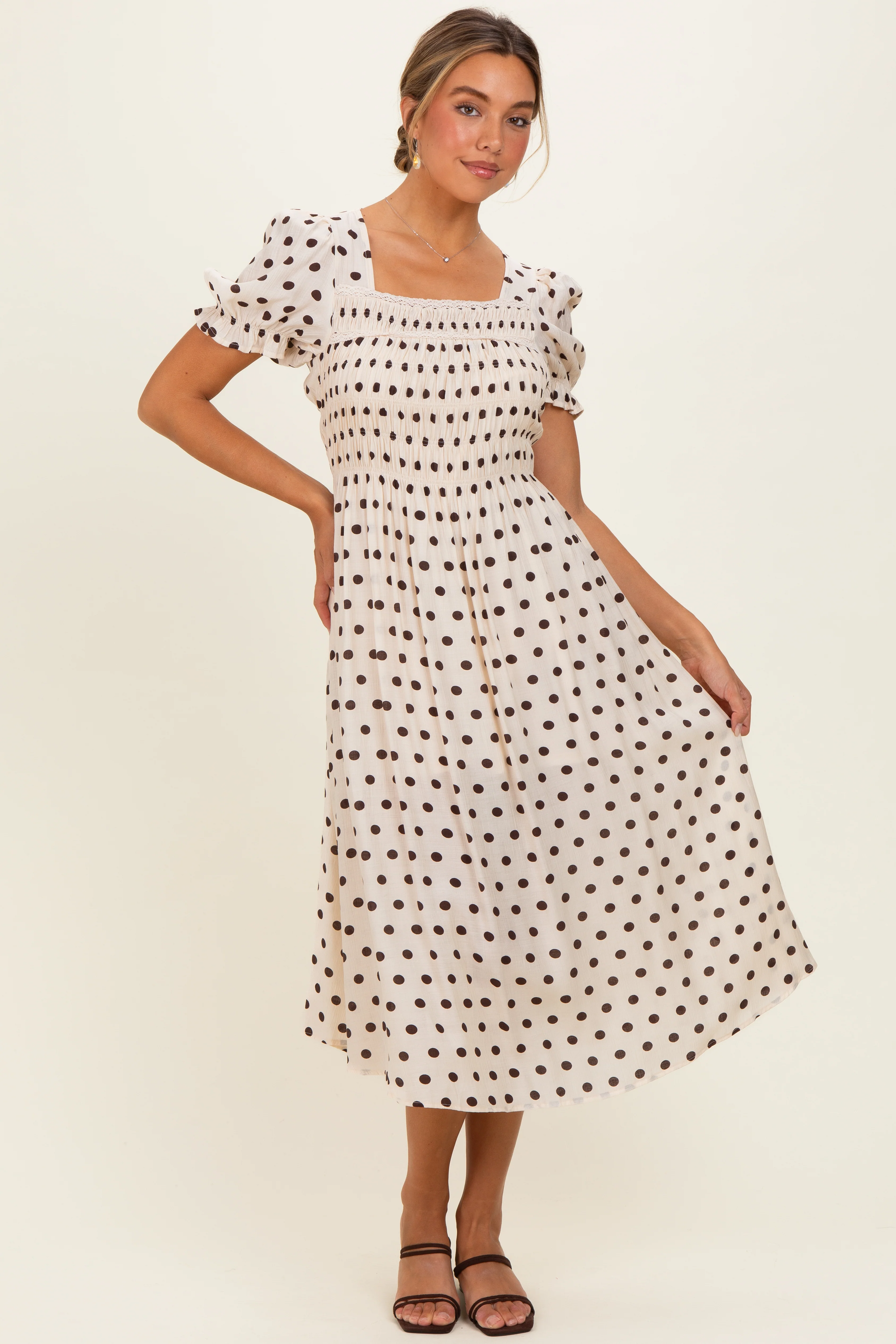 Ecru Polka Dot Smocked Midi Dress - Image 2