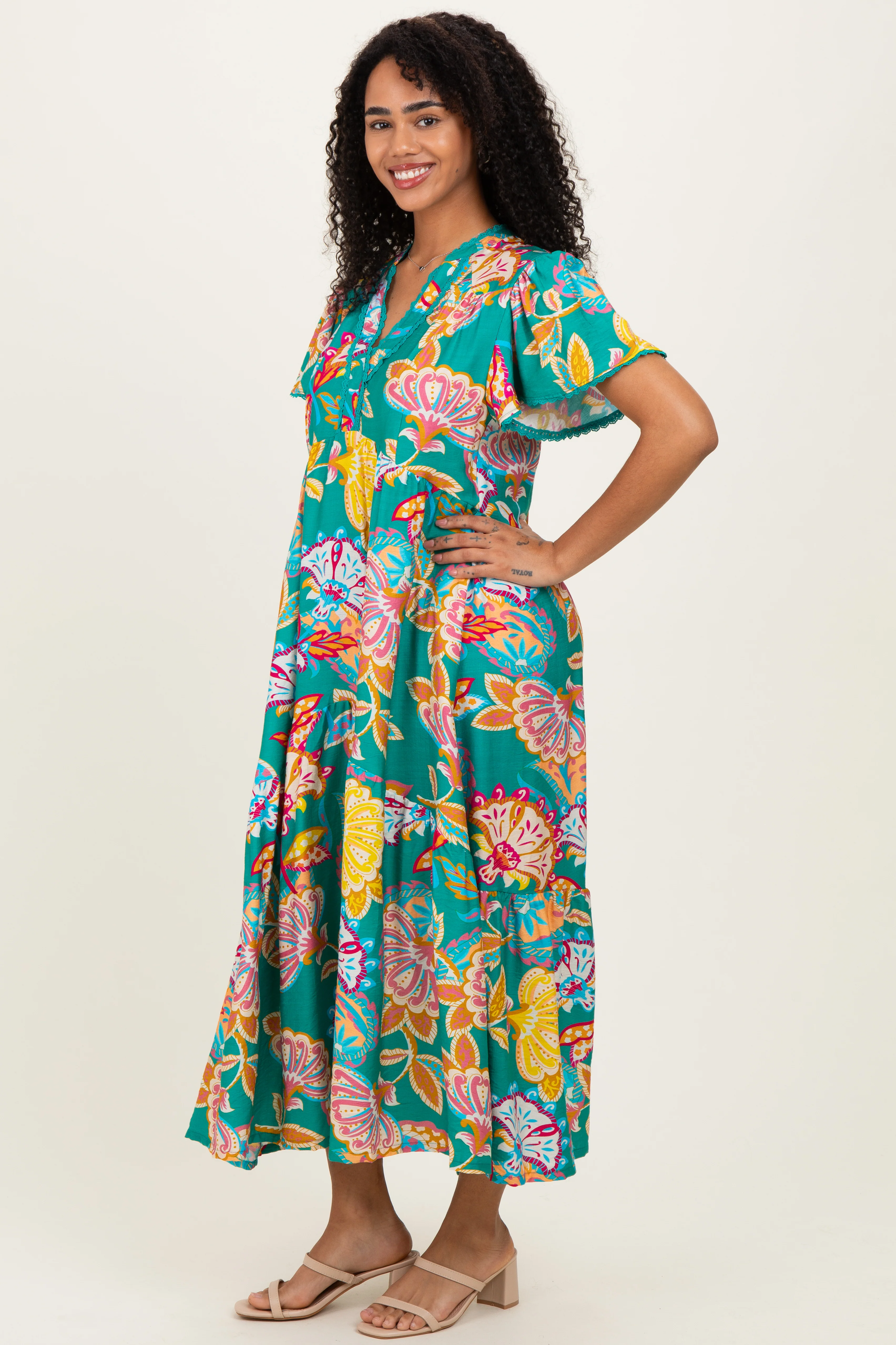 Emerald Boho Print Lace Trim Tiered Midi Dress - Image 2
