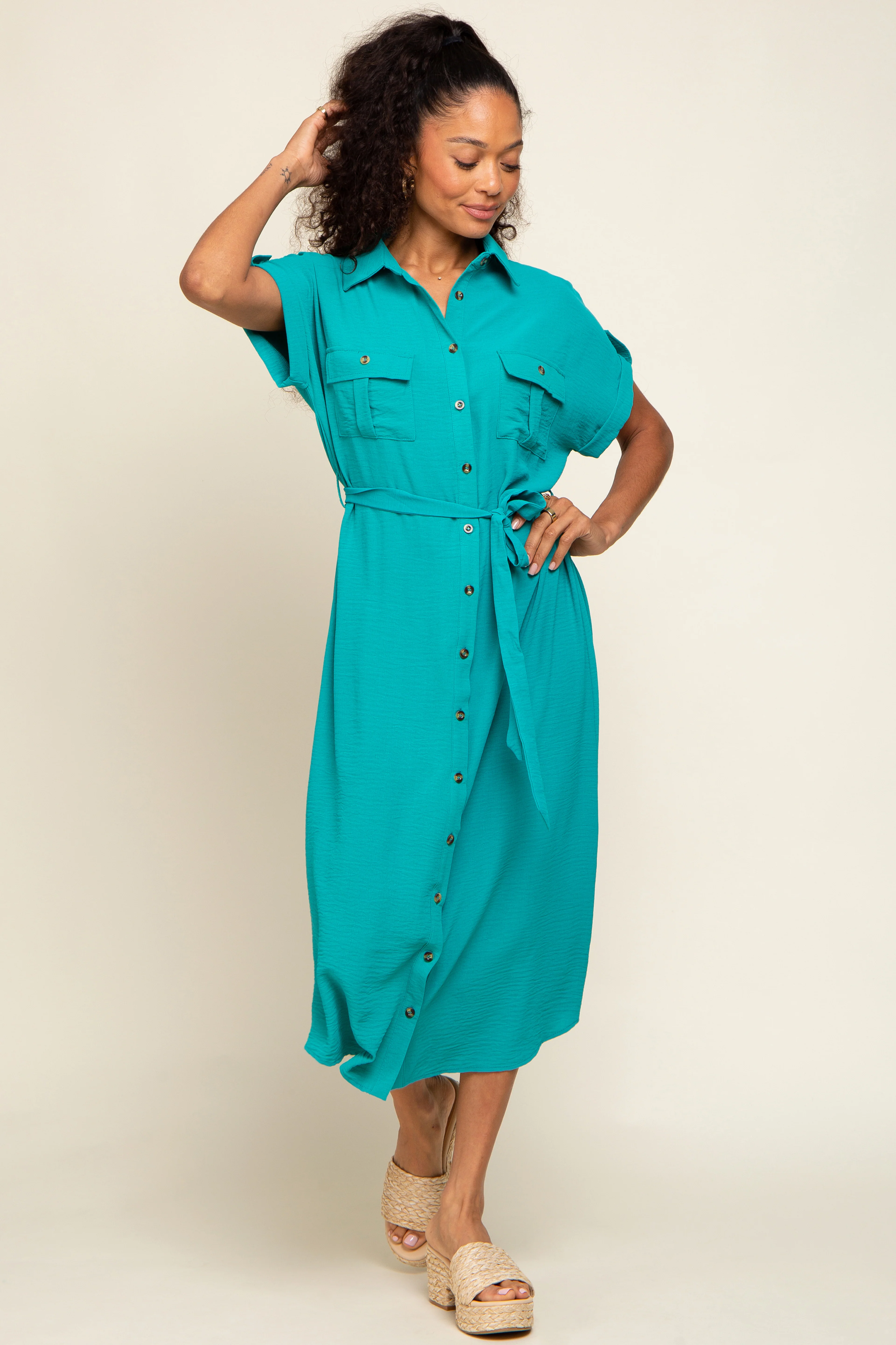 Emerald Green Button Up Front Pocket Maternity Midi Dress - Image 5