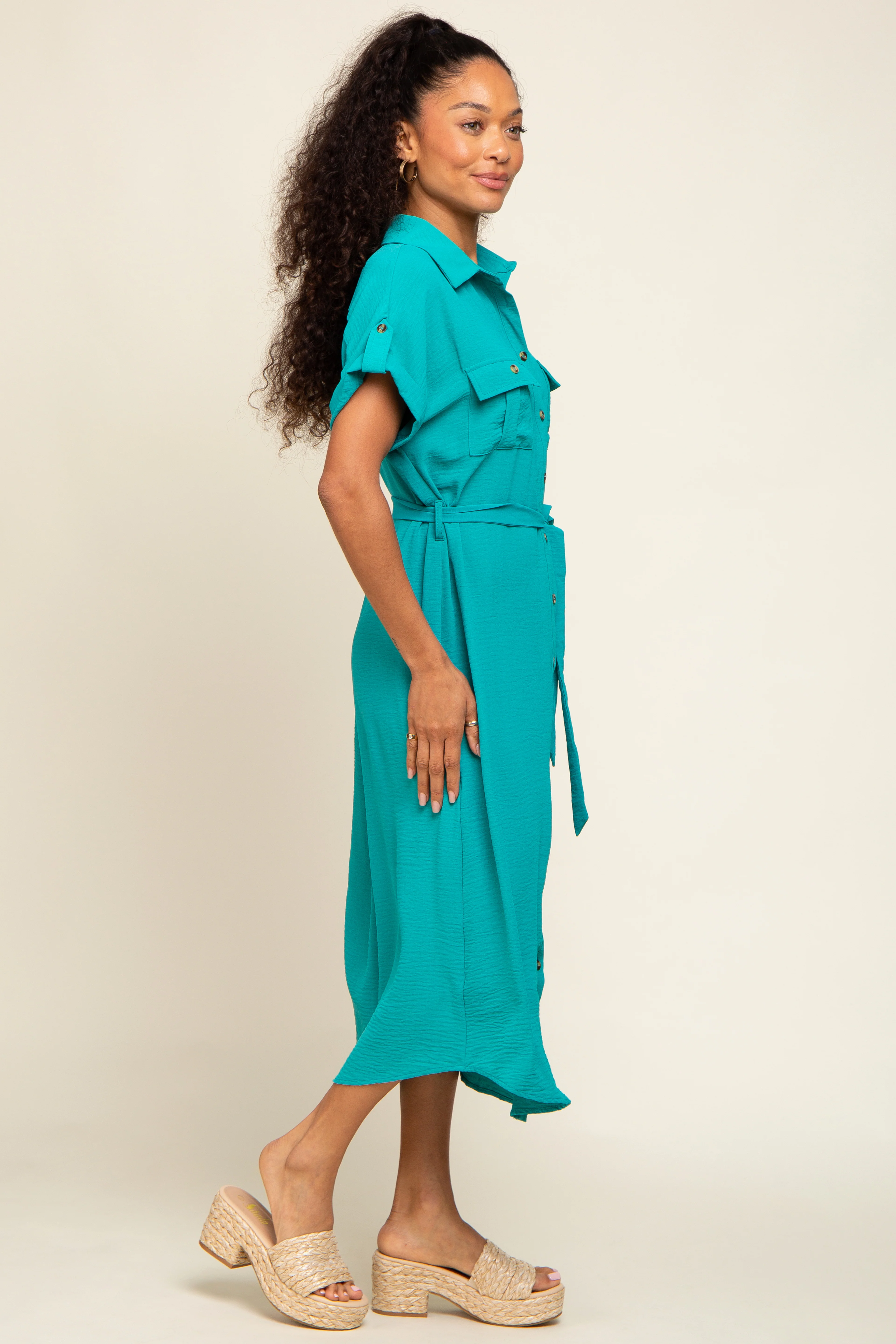 Emerald Green Button Up Front Pocket Midi Dress - Image 2