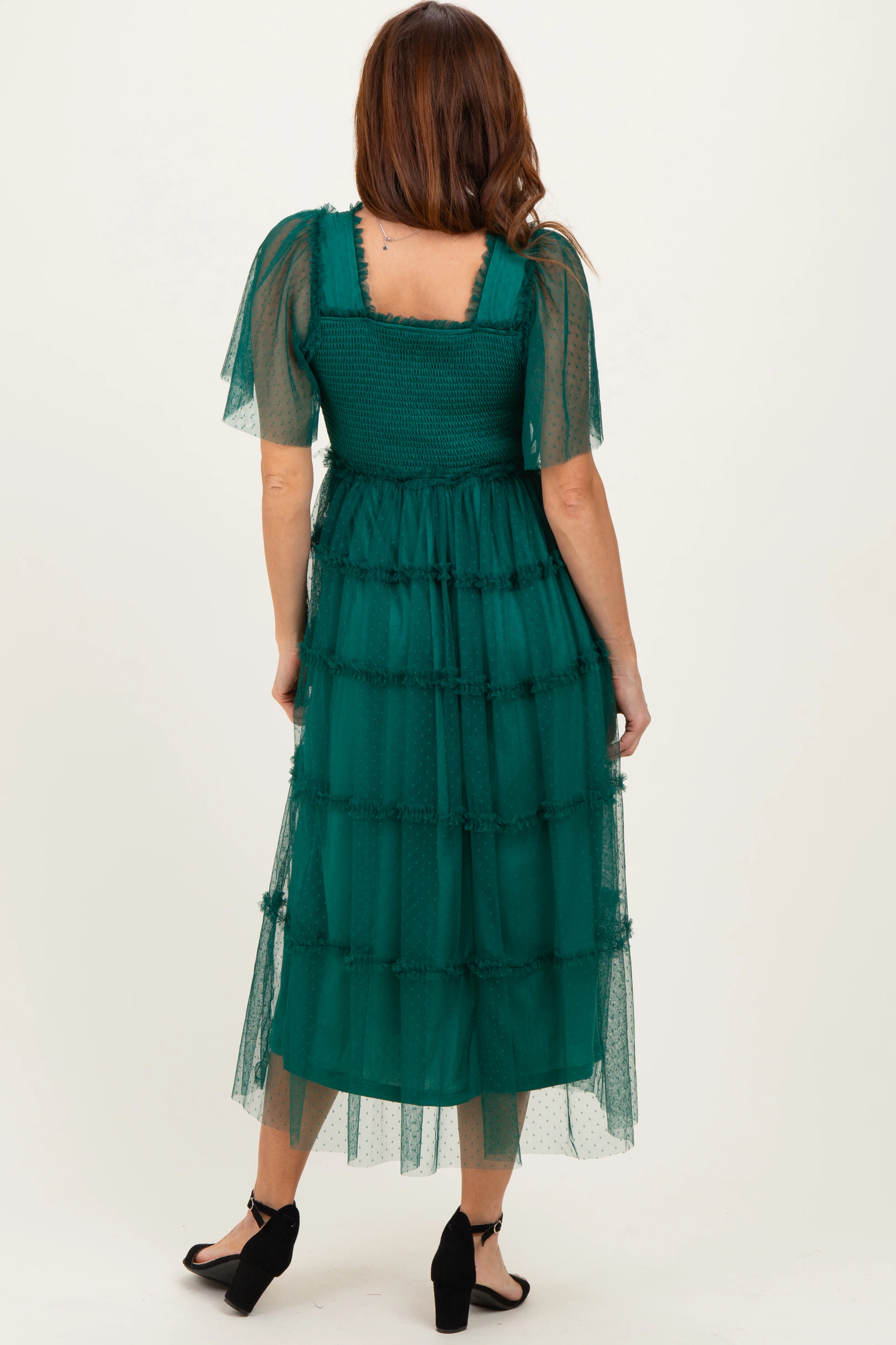 Emerald Green Ruffled Mesh Maxi Dress - Image 4