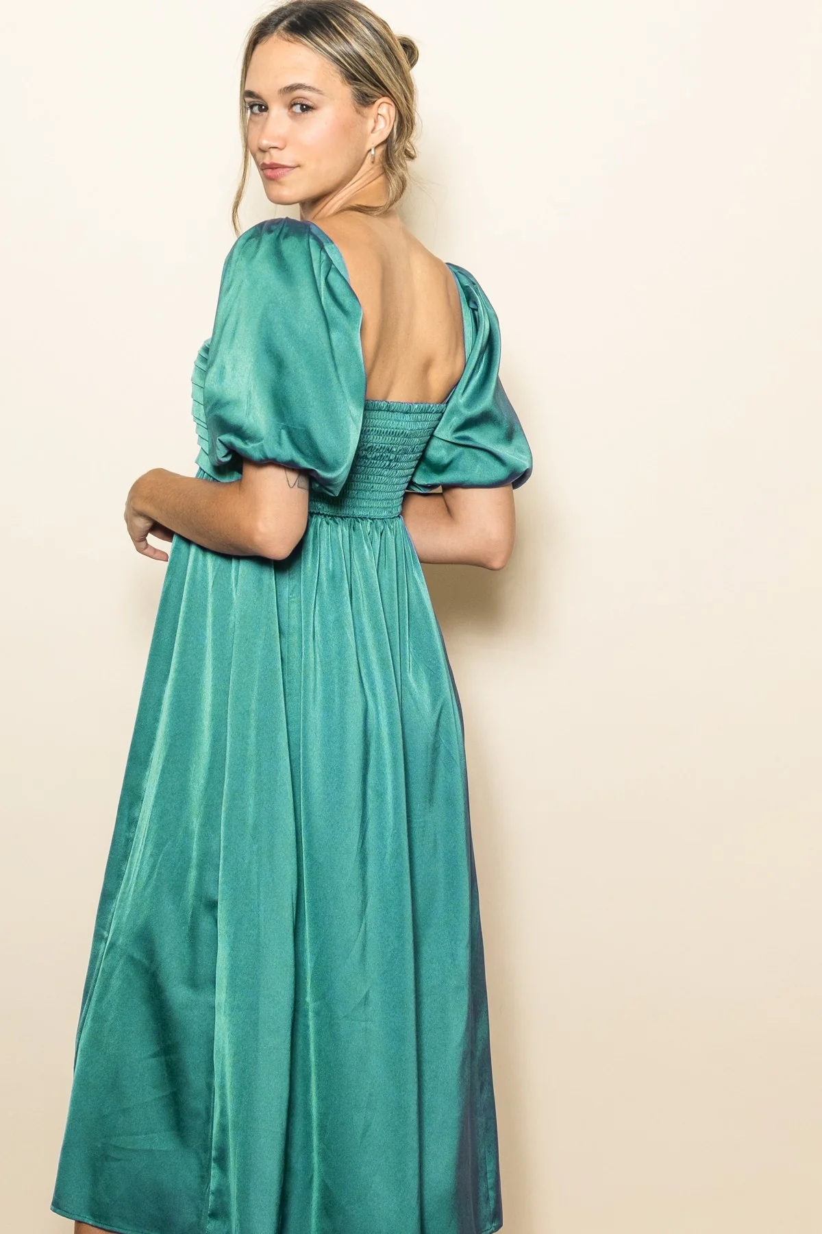 Emerald Green Satin Pleated Bodice Puff Sleeve Midi Dress - Image 4