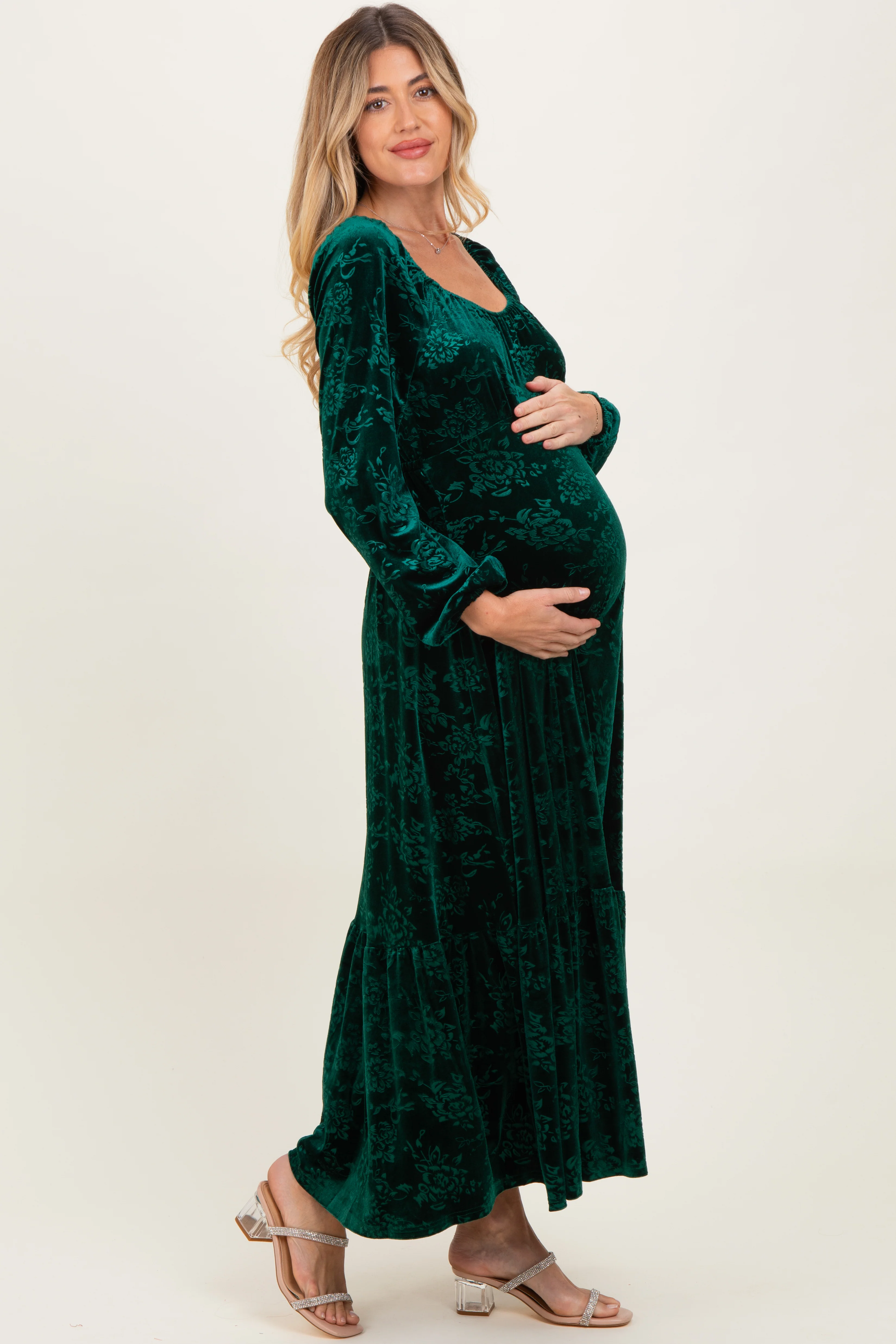 Emerald Green Velvet Jacquard Floral Maternity Maxi Dress - Image 3