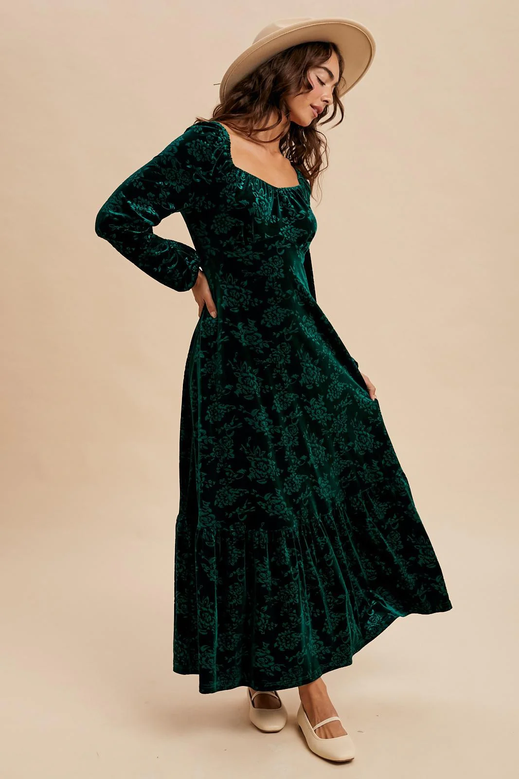 Emerald Green Velvet Jacquard Floral Maxi Dress - Image 2