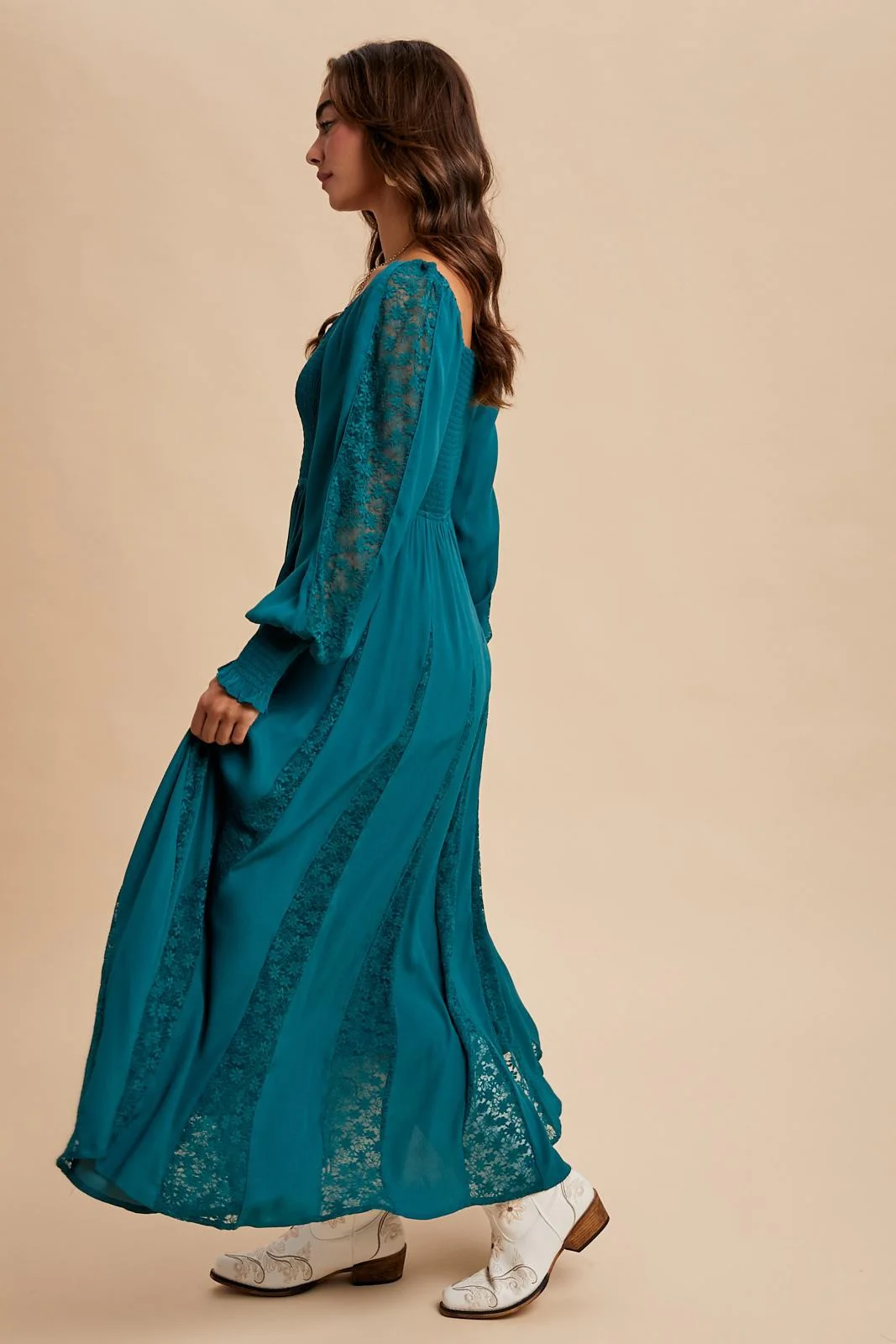 Emerald Lace Inset Smocked Maxi Dress - Image 3