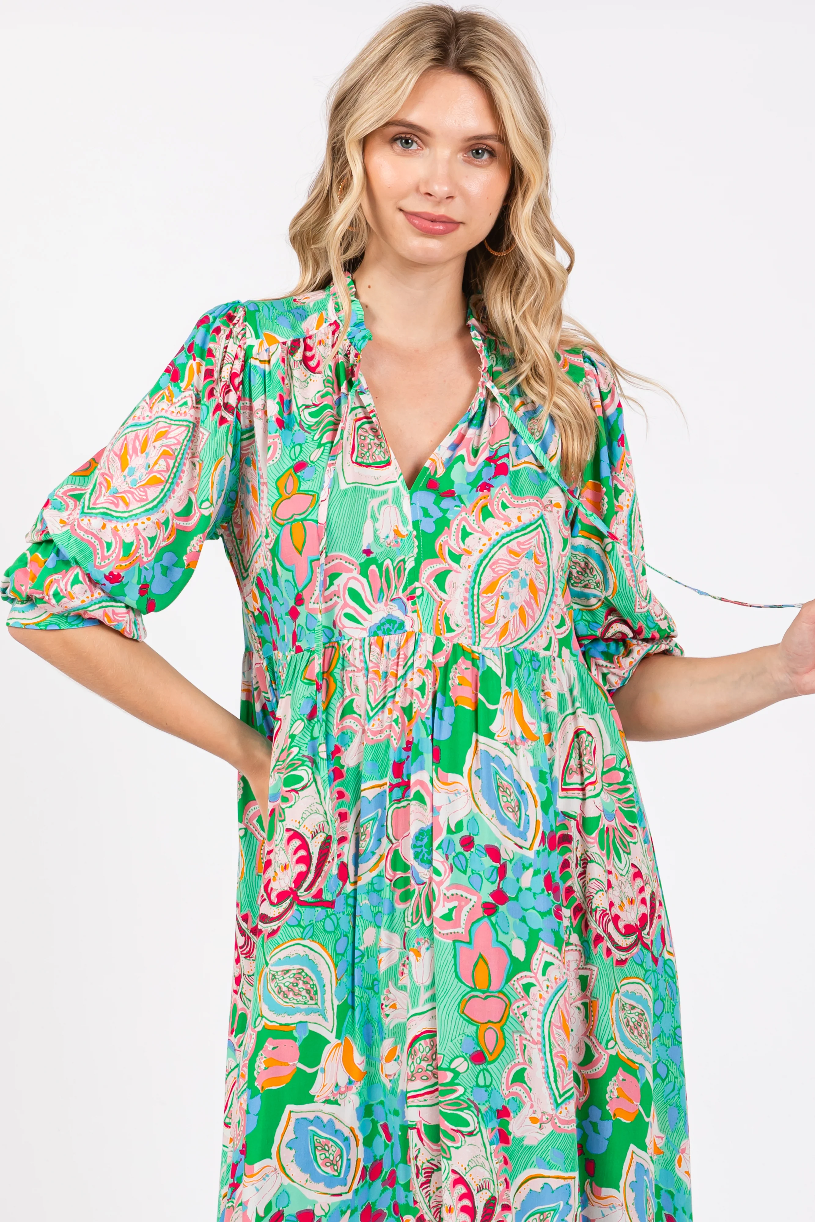 Emerald Paisley Print Tiered A-Line Midi Dress - Image 4
