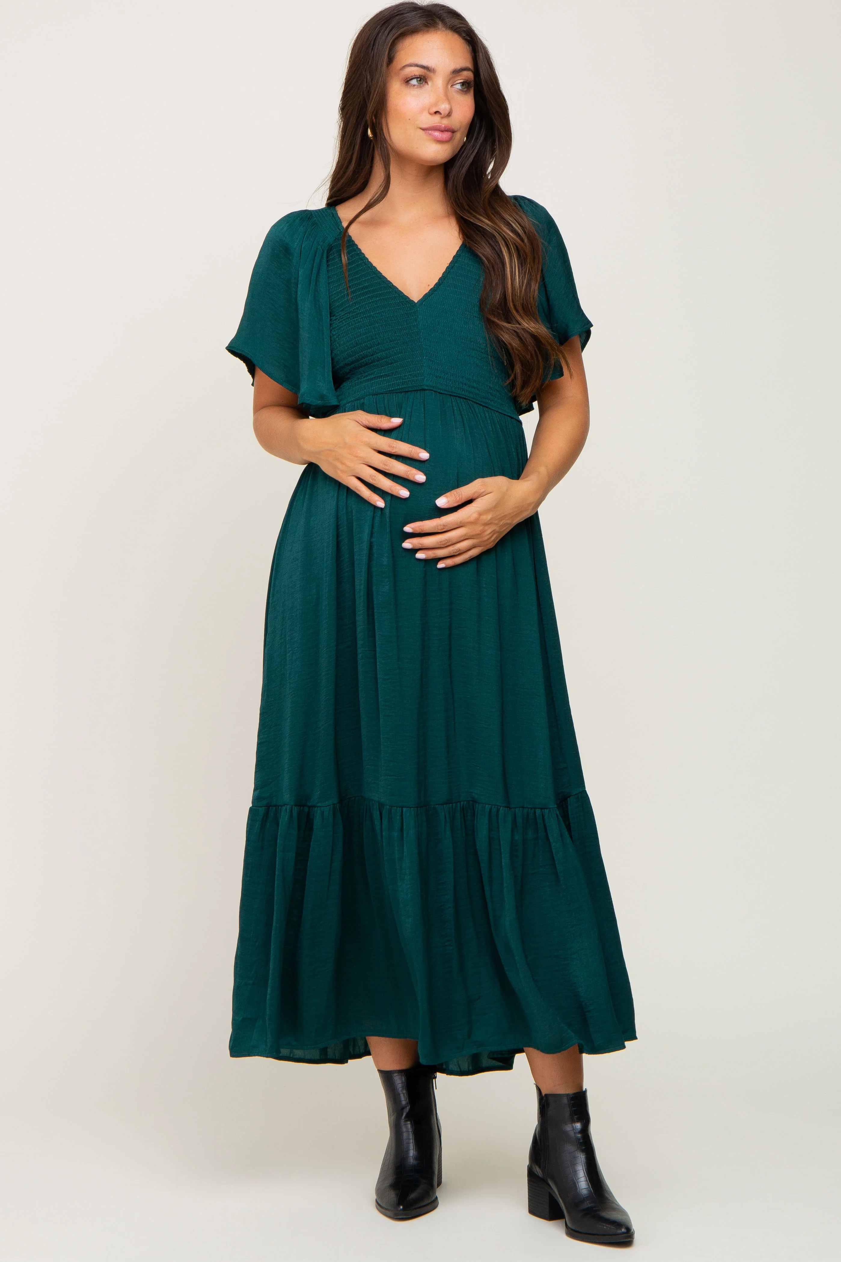 Emerald Satin Smocked Maternity Midi Dress - Image 4