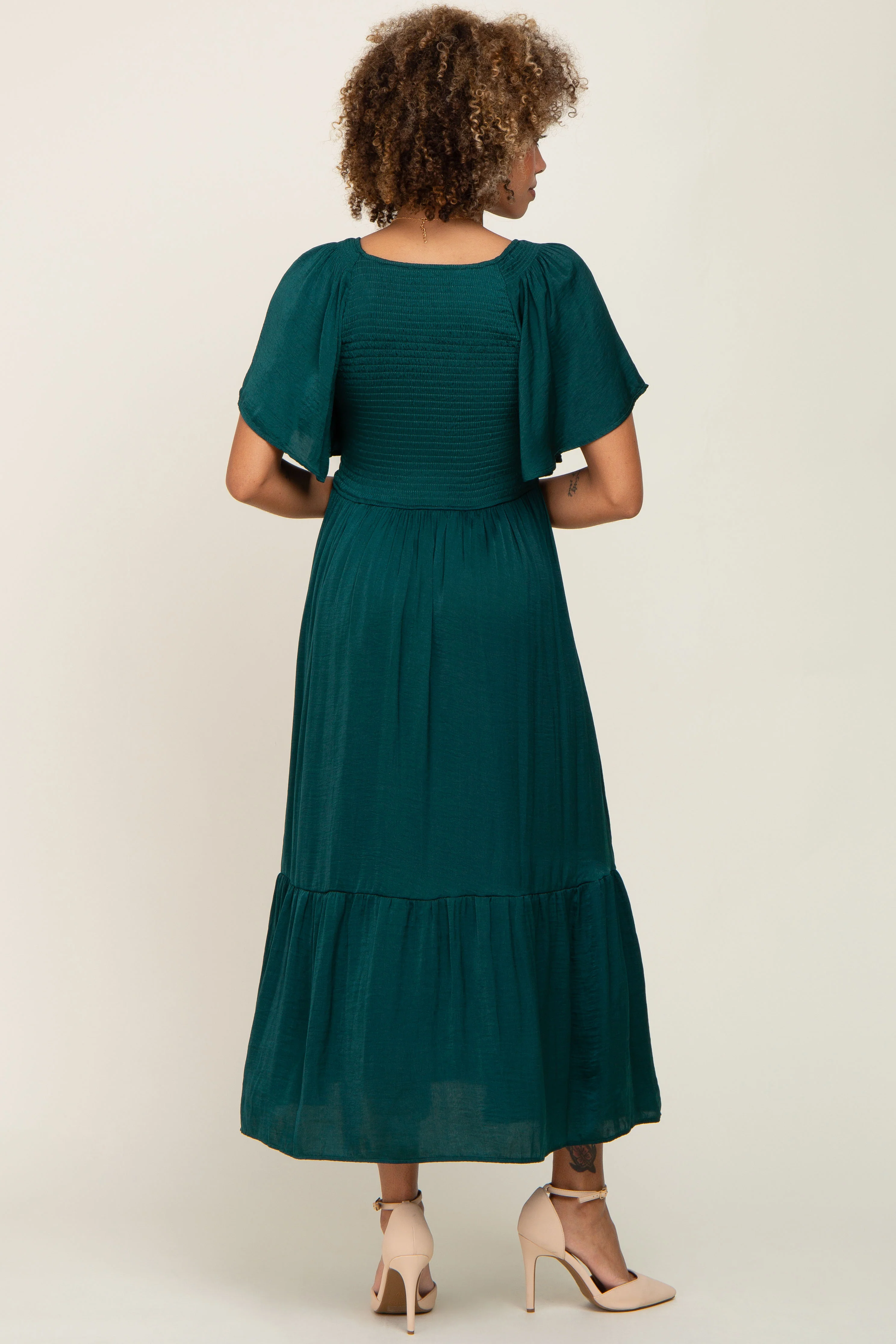 Emerald Satin Smocked Midi Dress - Image 3