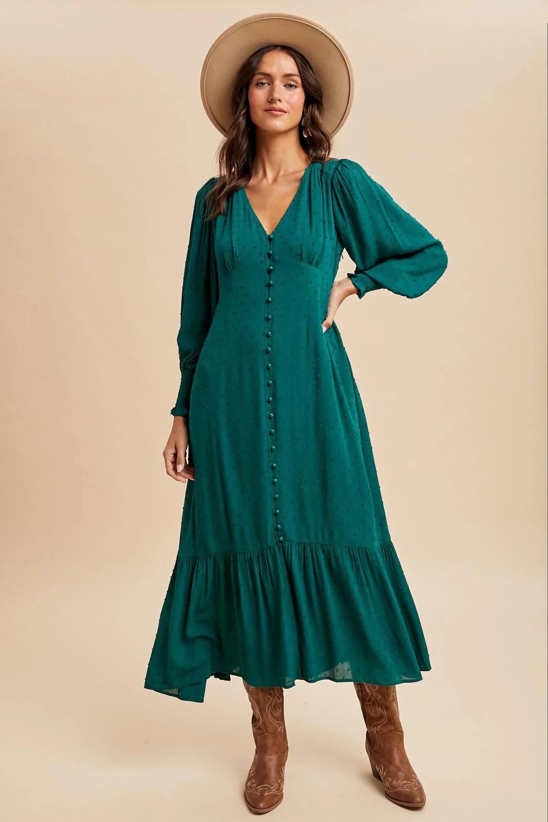 Evergreen Swiss Dot Button Down Maternity Maxi Dress - Image 3