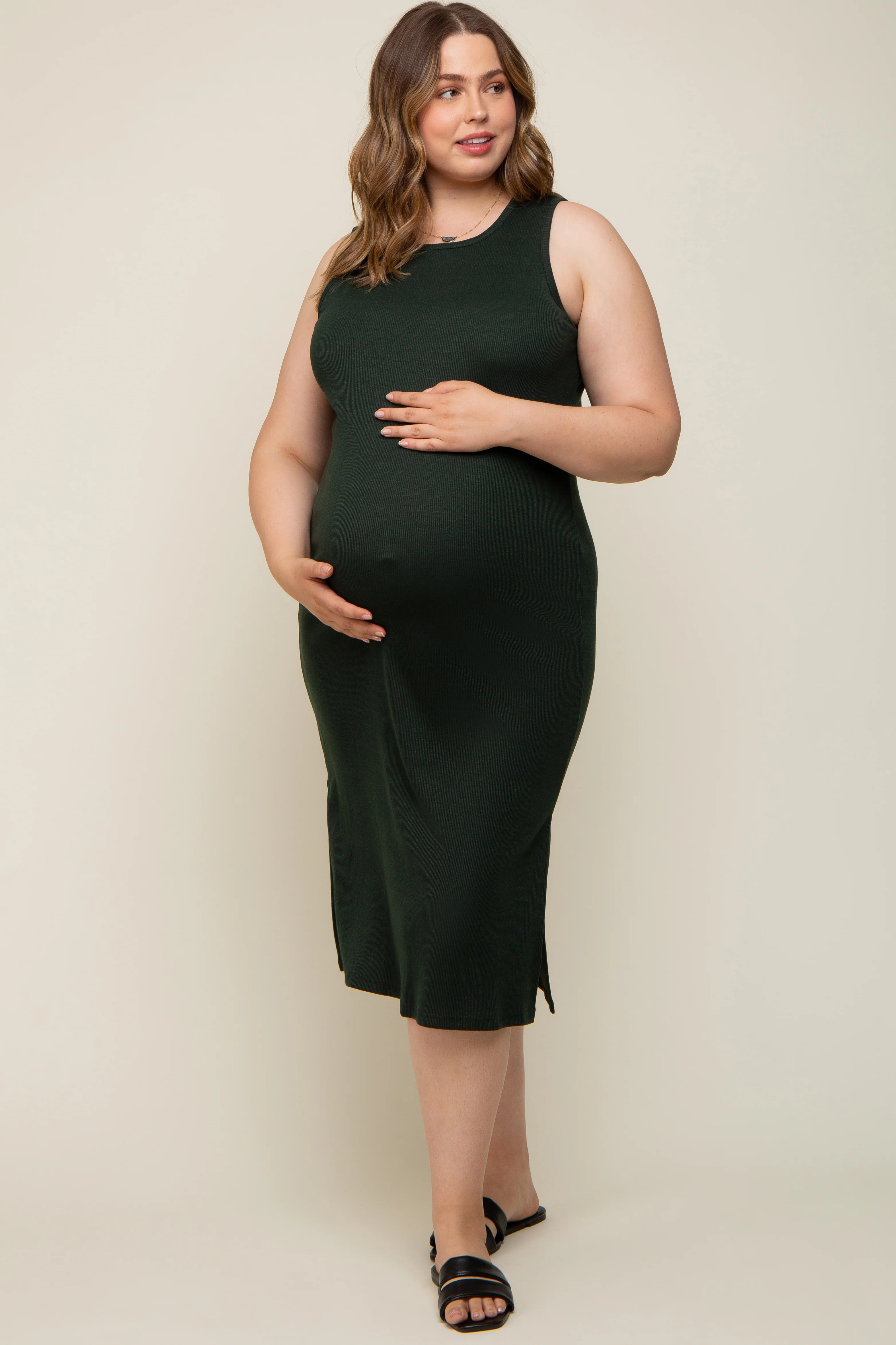 Forest Green Basic Ribbed Side Slit Maternity Plus Midi Dress - Image 4