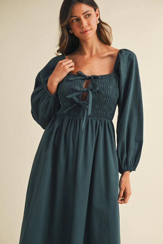 Forest Green Bow Detail Smocked Midi Dress - Image 5
