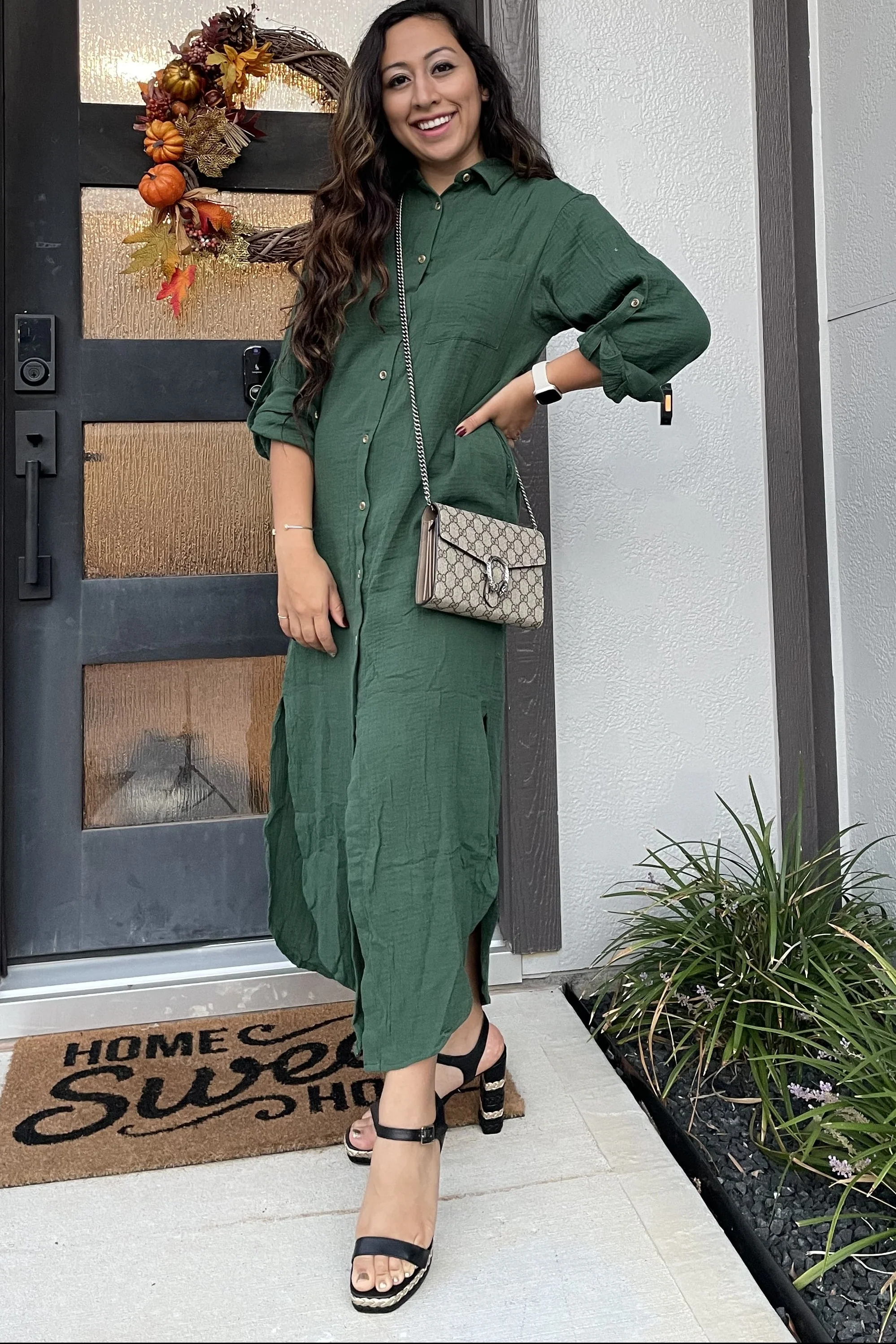 Forest Green Button Down 3/4 Sleeve Midi Dress - Image 6