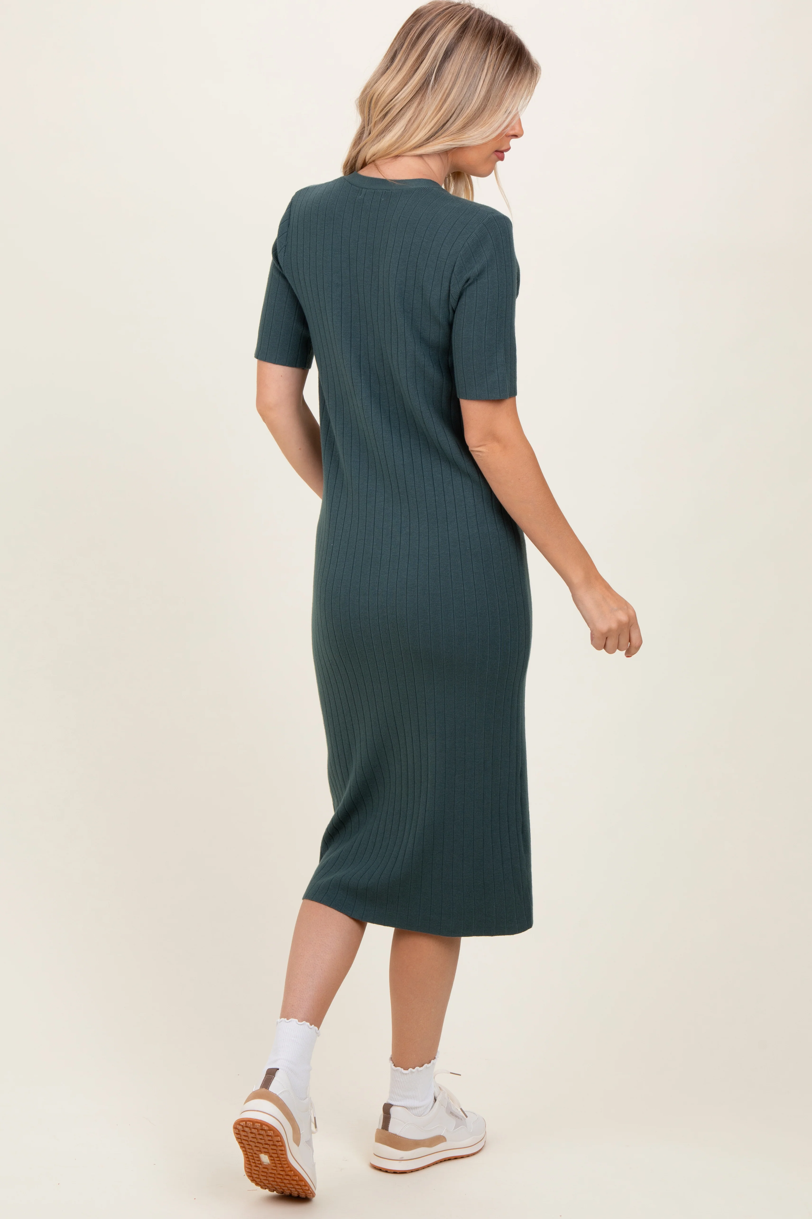 Forest Green Button Down Sweater Midi Dress - Image 3