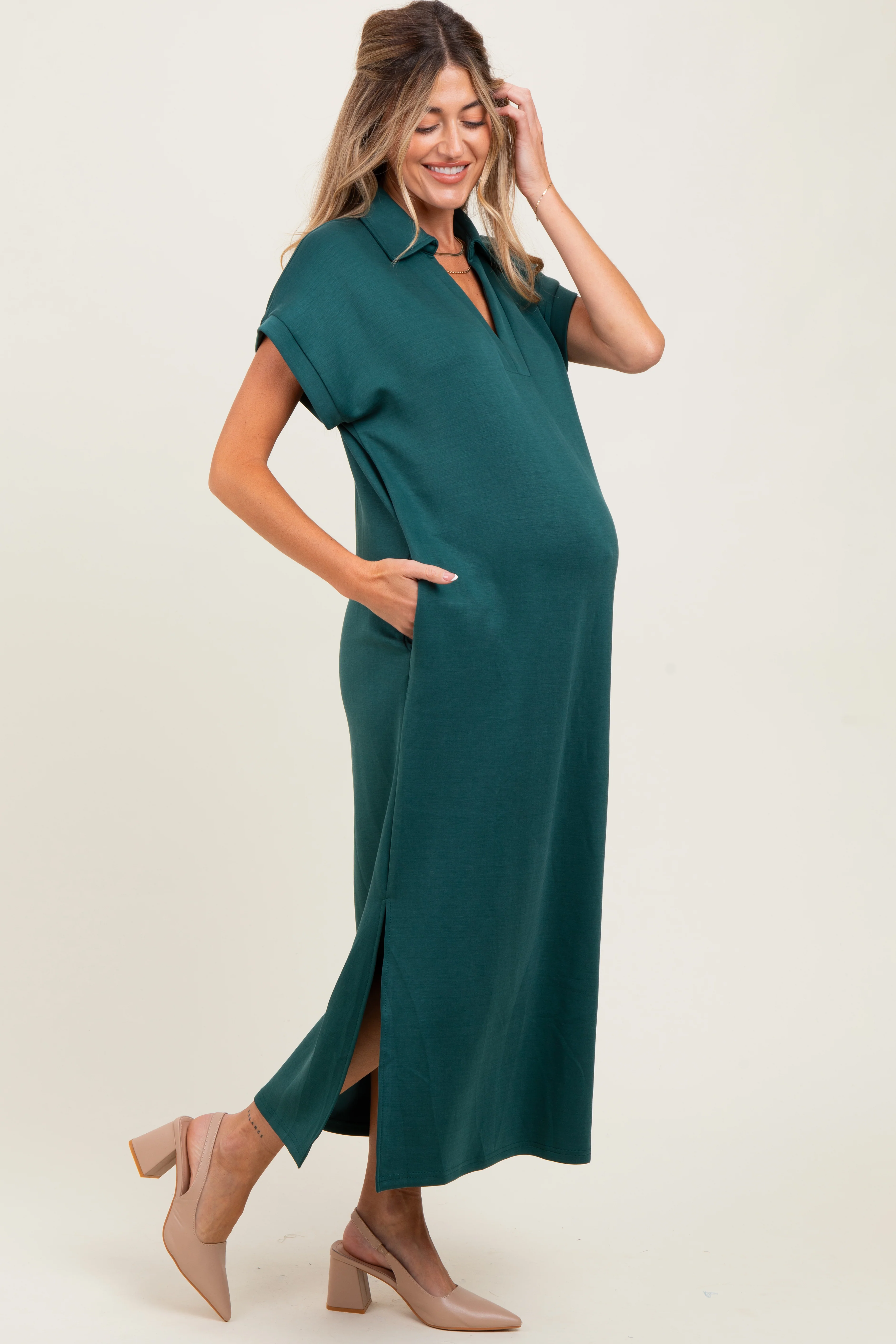 Forest Green Collared Short Sleeve Maternity Midi Dress - Image 3
