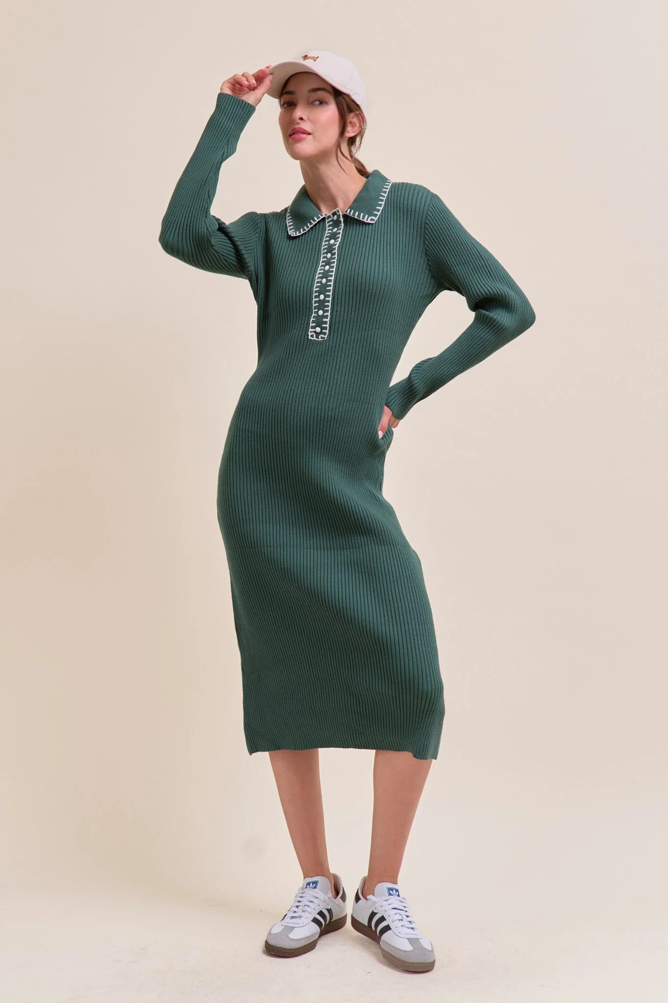 Forest Green Contrast Stitch Maternity Midi Sweater Dress - Image 4