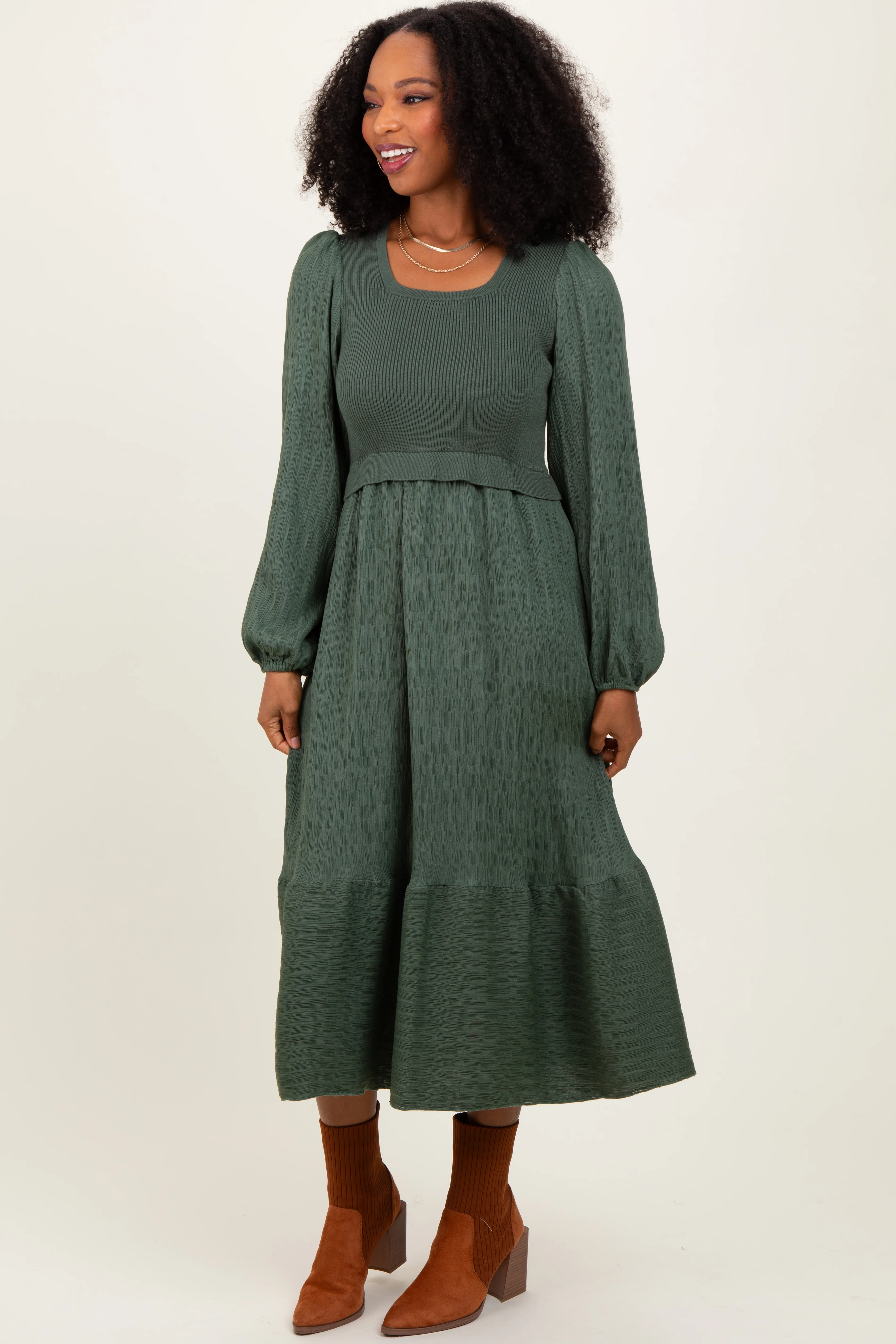 Forest Green Contrast Sweater Top Maternity Maxi Dress - Image 4