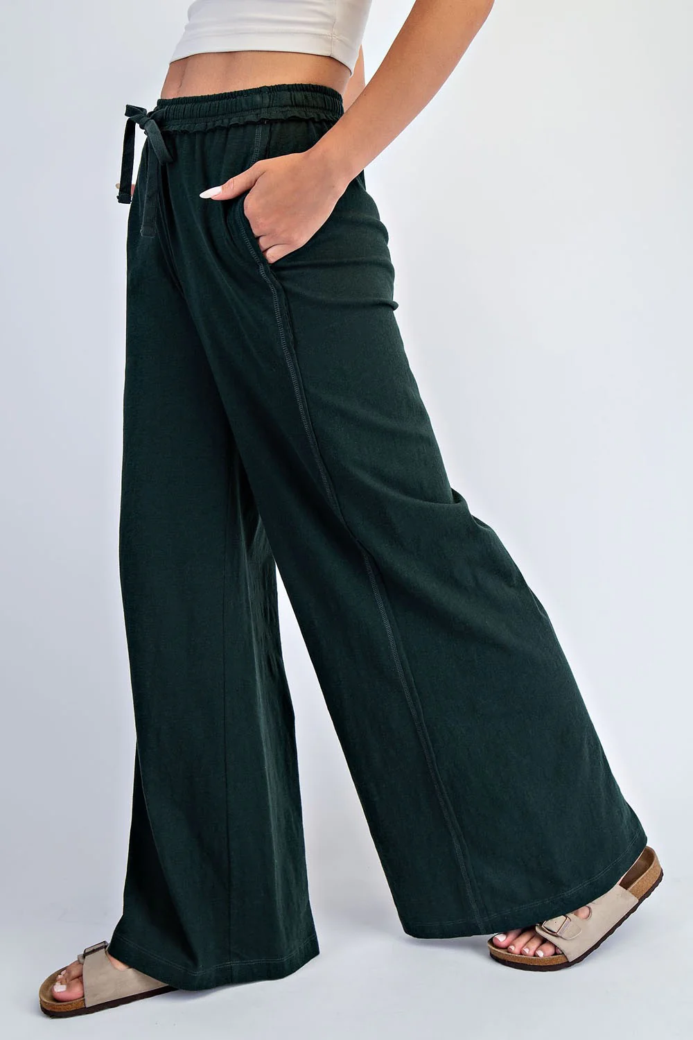 Forest Green Drawstring Wide Leg Lounge Pant - Image 3