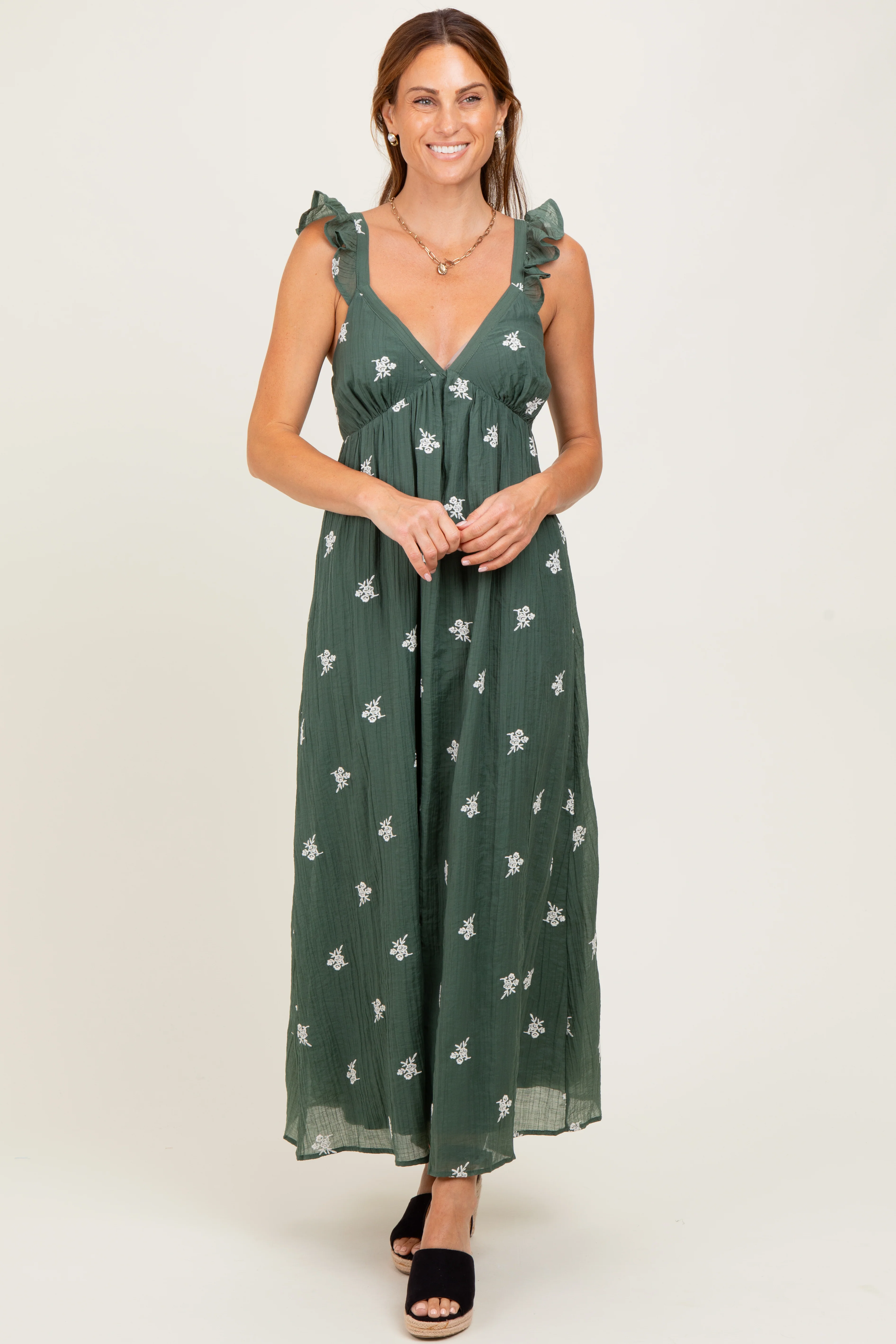 Forest Green Floral Embroidered V-Neck Maternity Midi Dress - Image 3