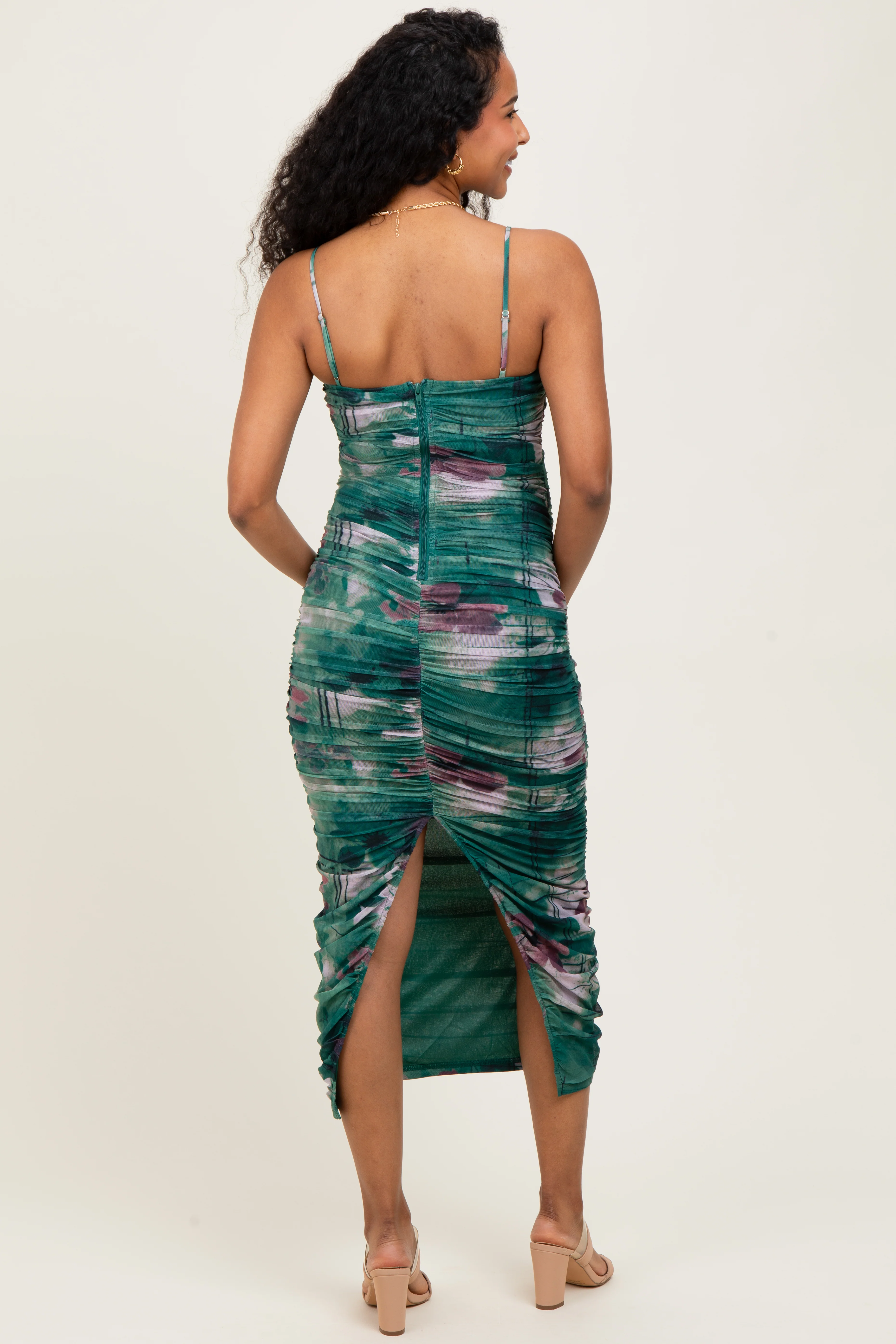 Forest Green Floral Mesh Ruched Sleeveless Maternity Midi Dress - Image 4