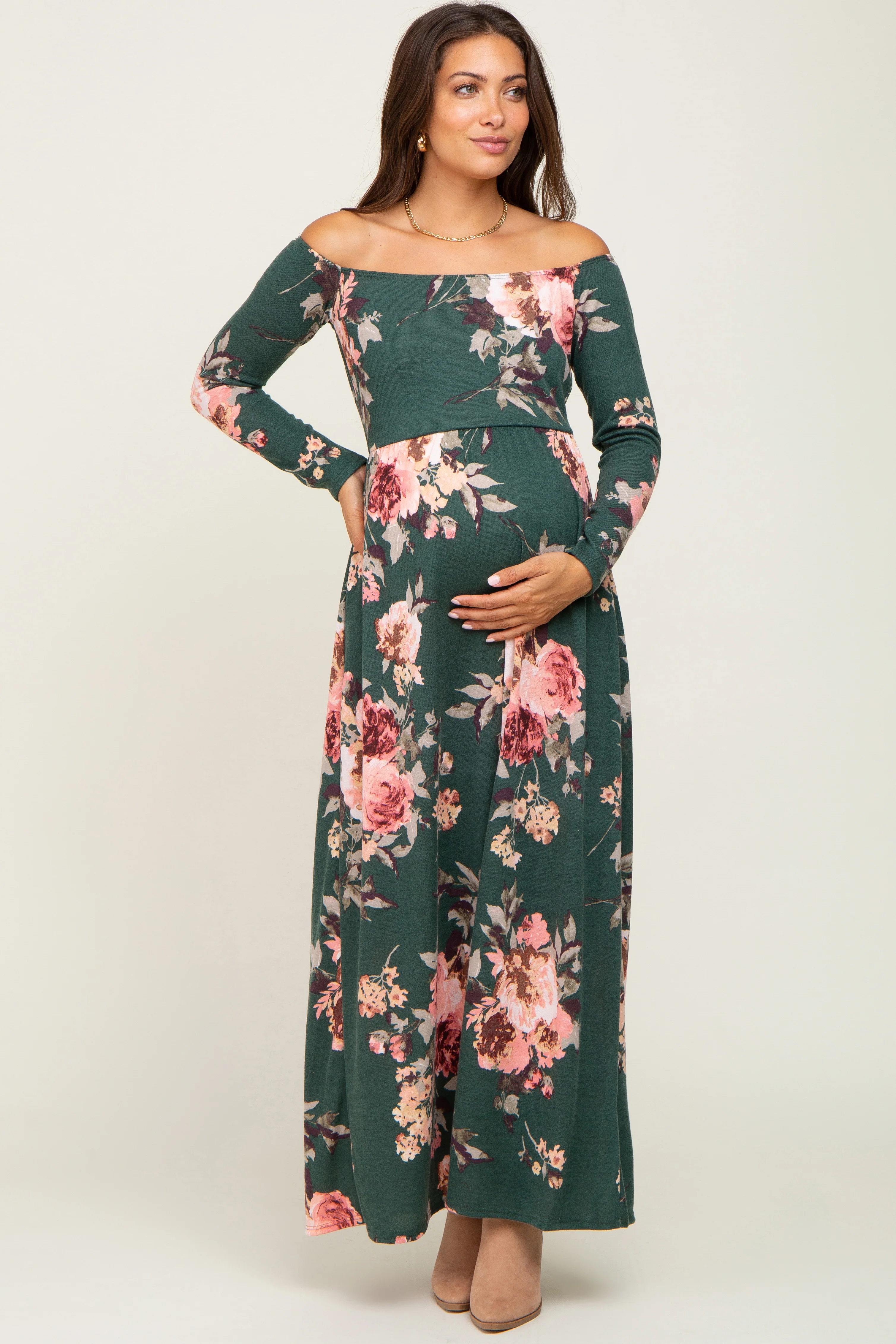 Forest Green Floral Off Shoulder Long Sleeve Maternity Maxi Dress