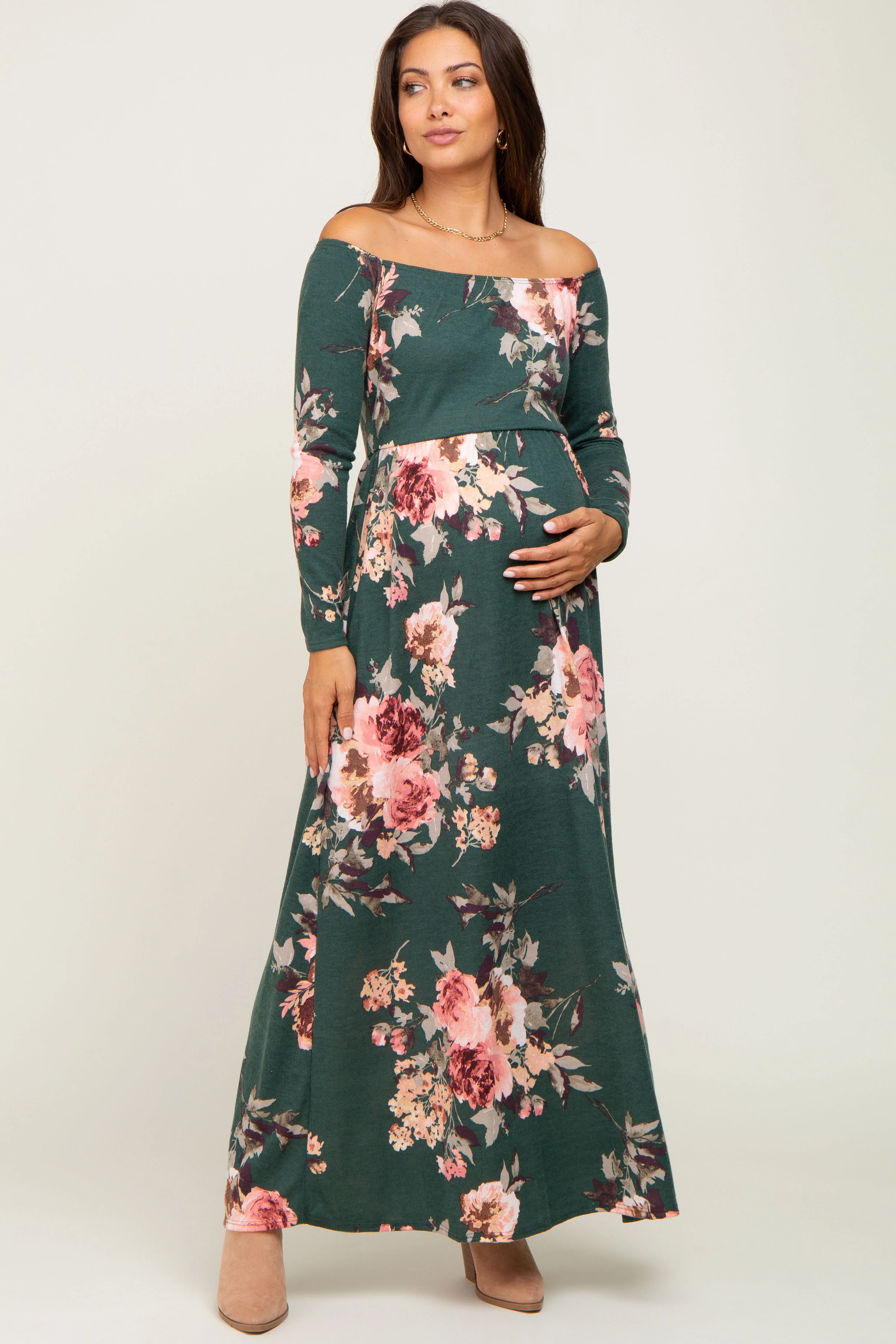 Forest Green Floral Off Shoulder Long Sleeve Maternity Maxi Dress - Image 4