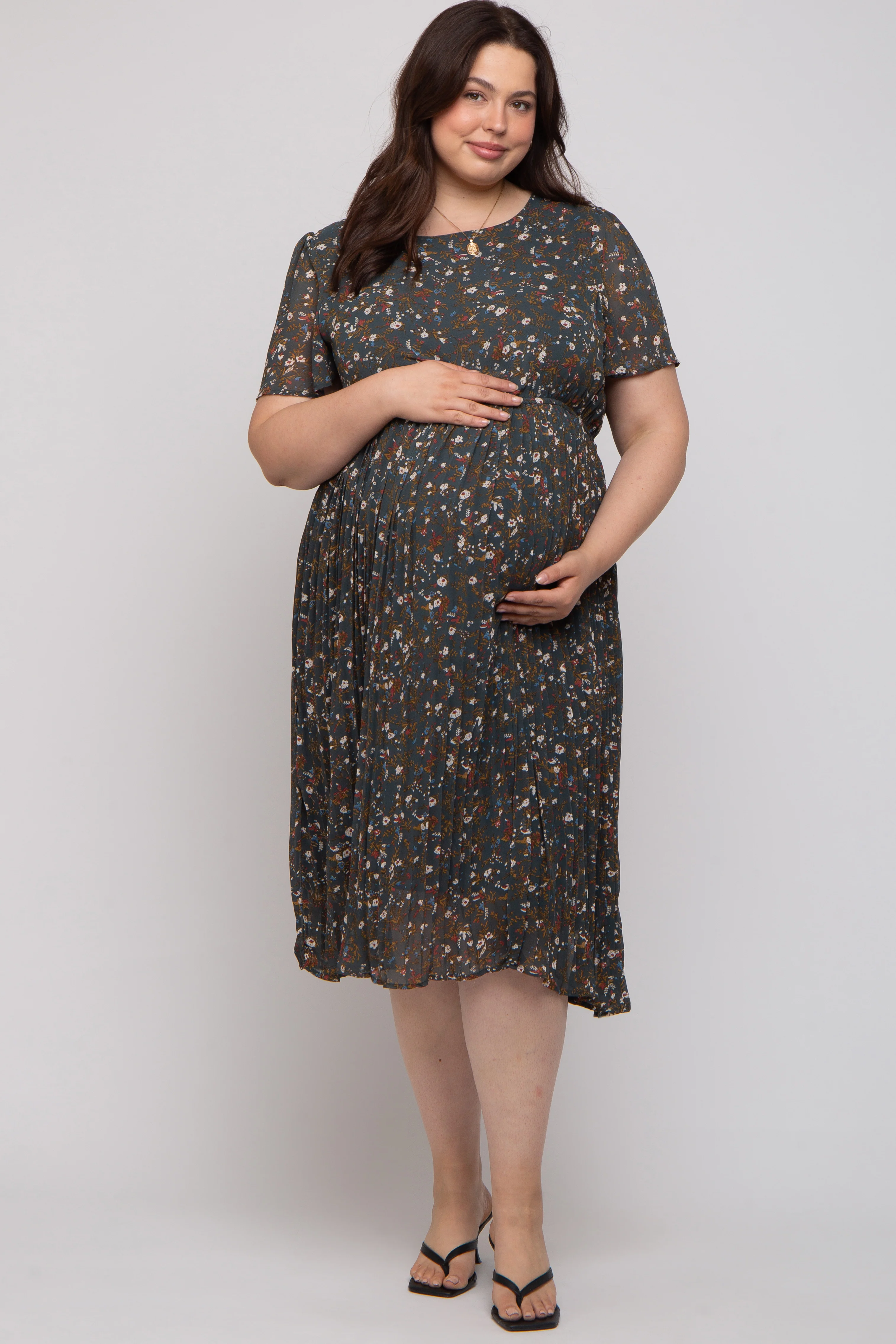 Forest Green Floral Pleated Chiffon Maternity Plus Midi Dress - Image 5
