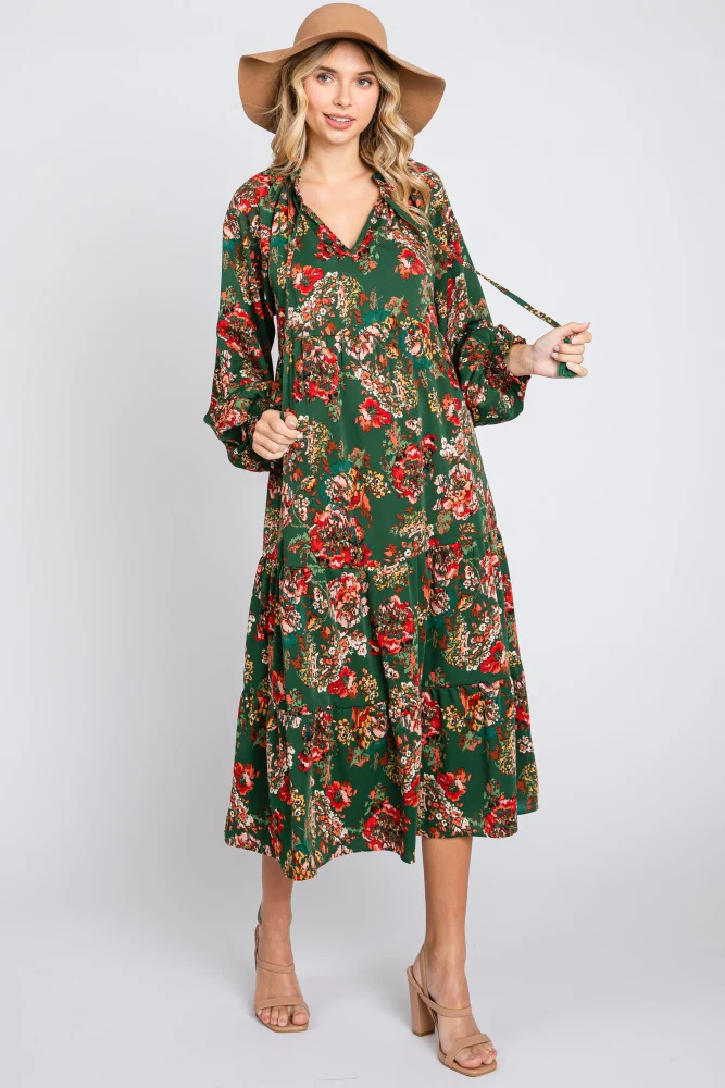 Forest Green Floral Ruffle Neck Tiered Maternity Midi Dress - Image 5