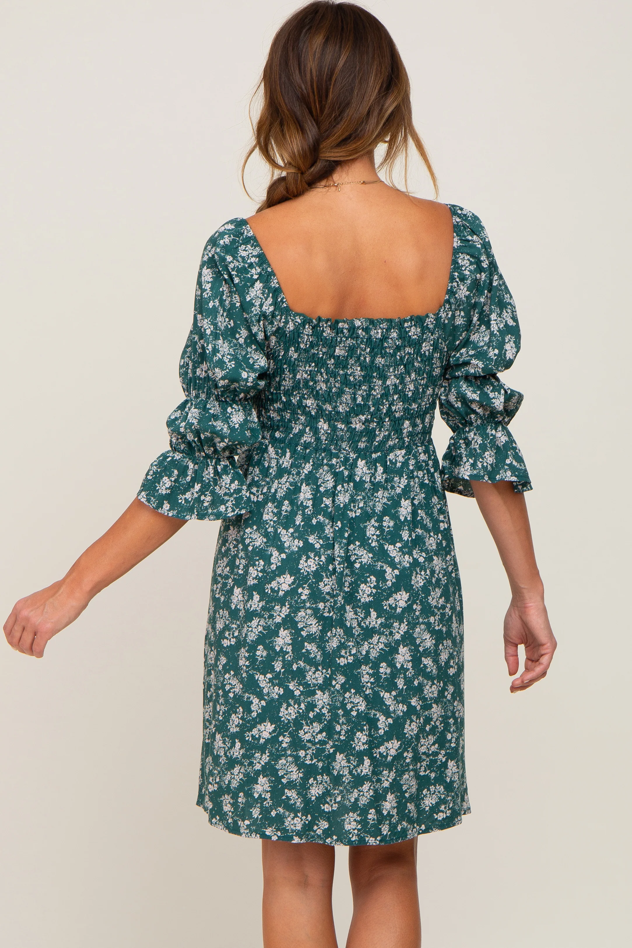 Forest Green Floral Ruffle Sleeve Smocked Dress - Image 4