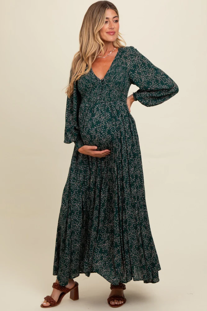Forest Green Floral Smocked Button Detail Maternity Maxi Dress - Image 2