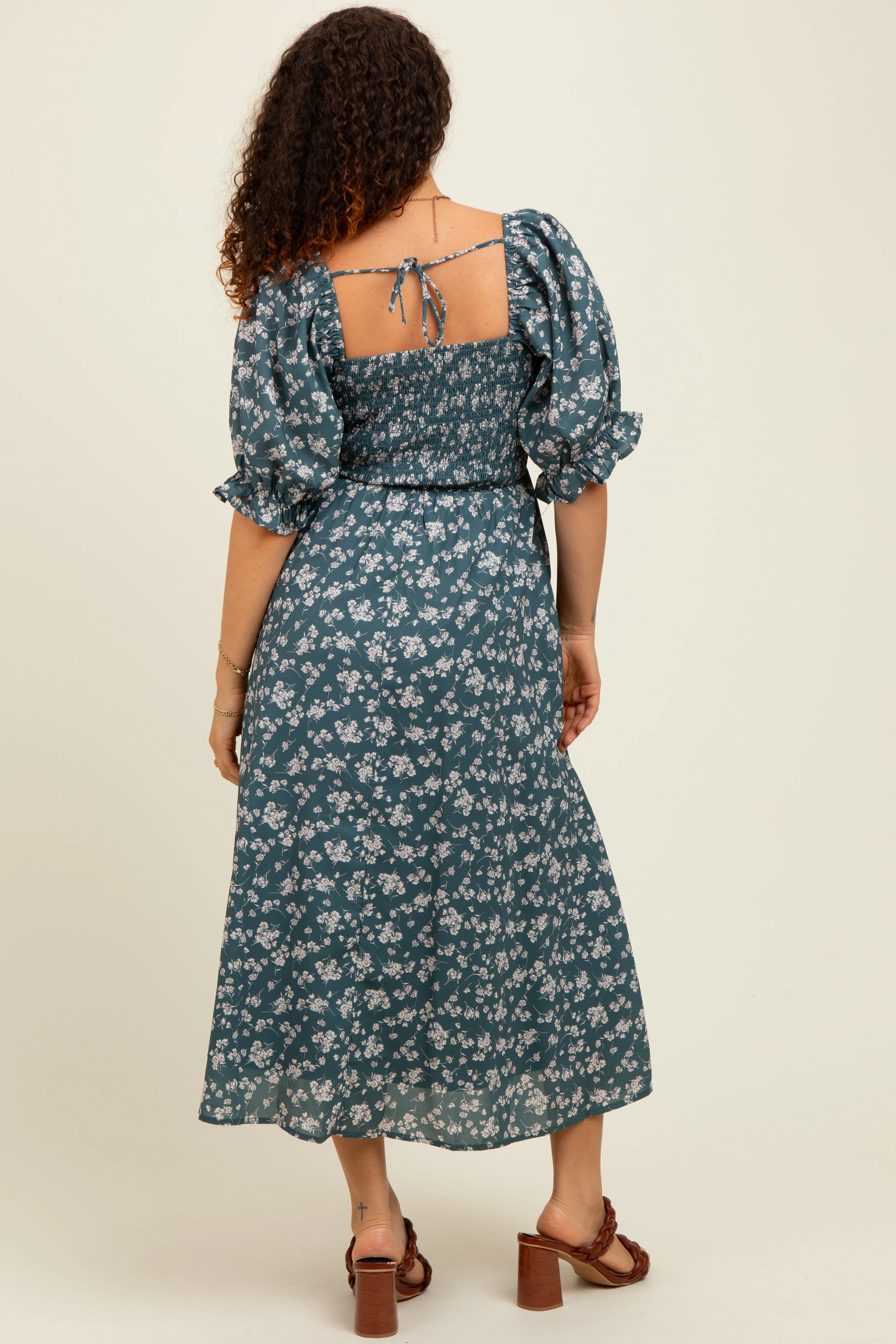 Forest Green Floral Smocked Puff Sleeve Maternity Midi Dress - Image 4