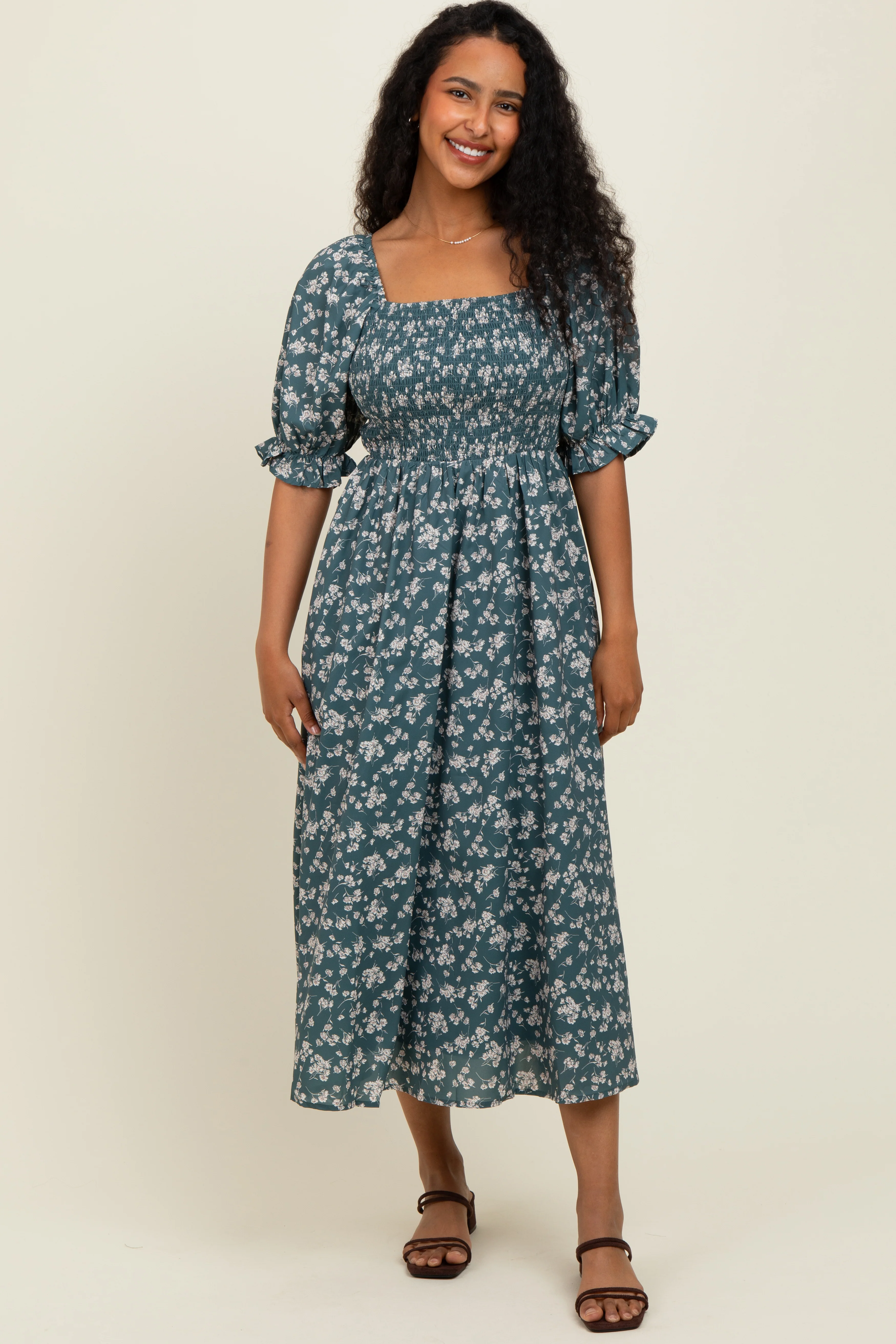Forest Green Floral Smocked Puff Sleeve Maternity Midi Dress - Image 5