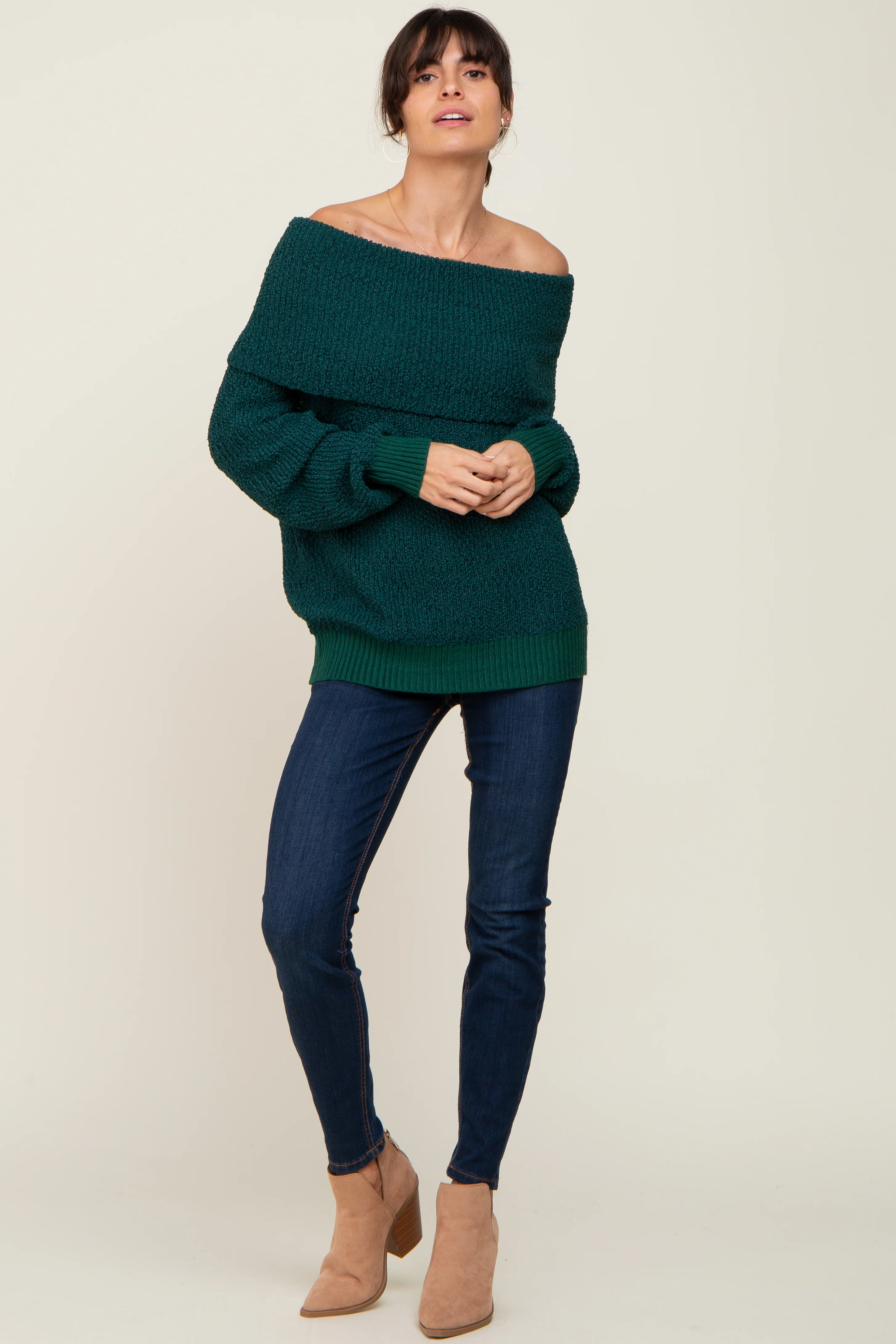 Forest Green Foldover Off Shoulder Sweater - Image 5