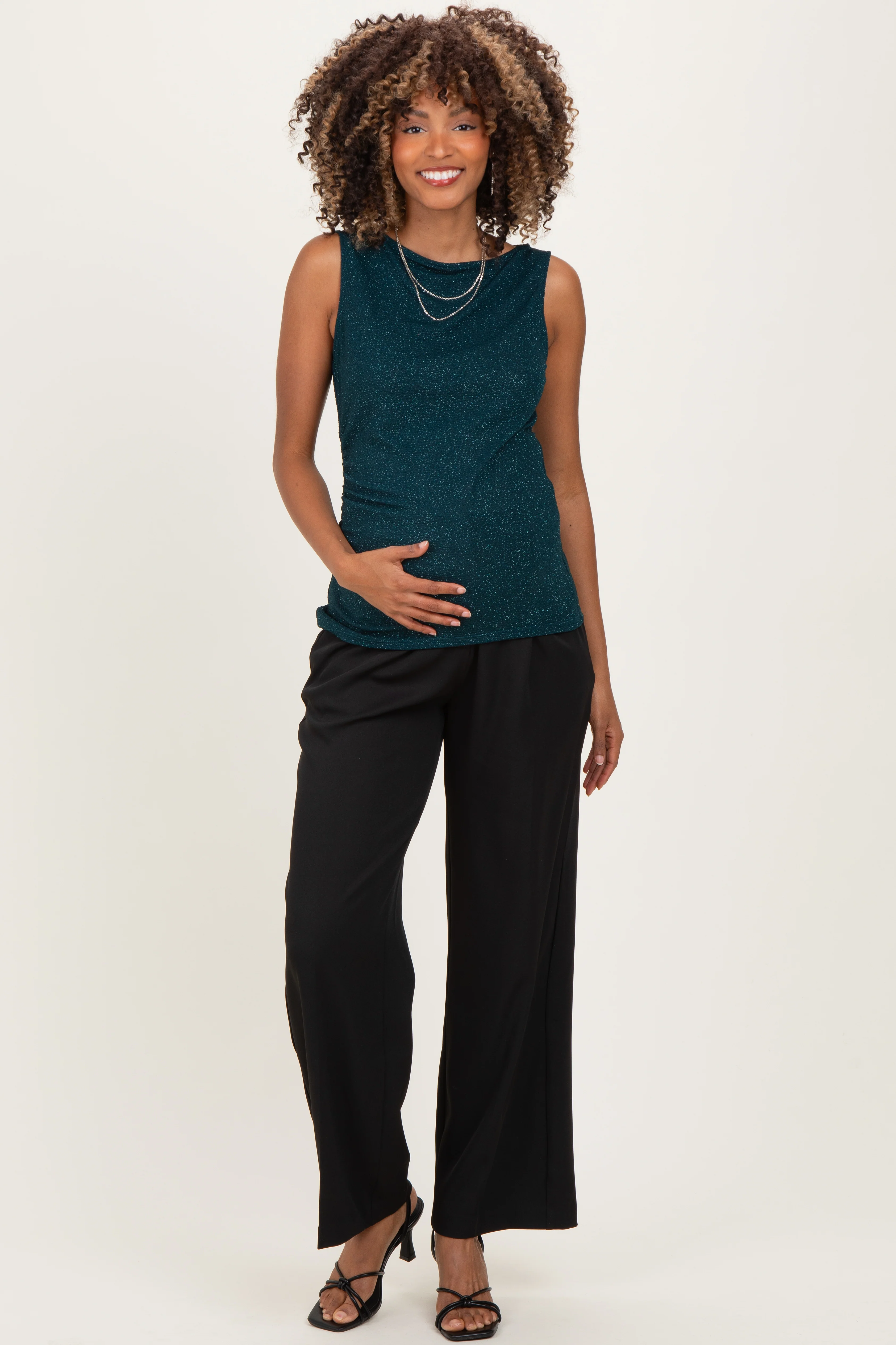 Forest Green Glitter Ruched Sleeveless Maternity Top - Image 3