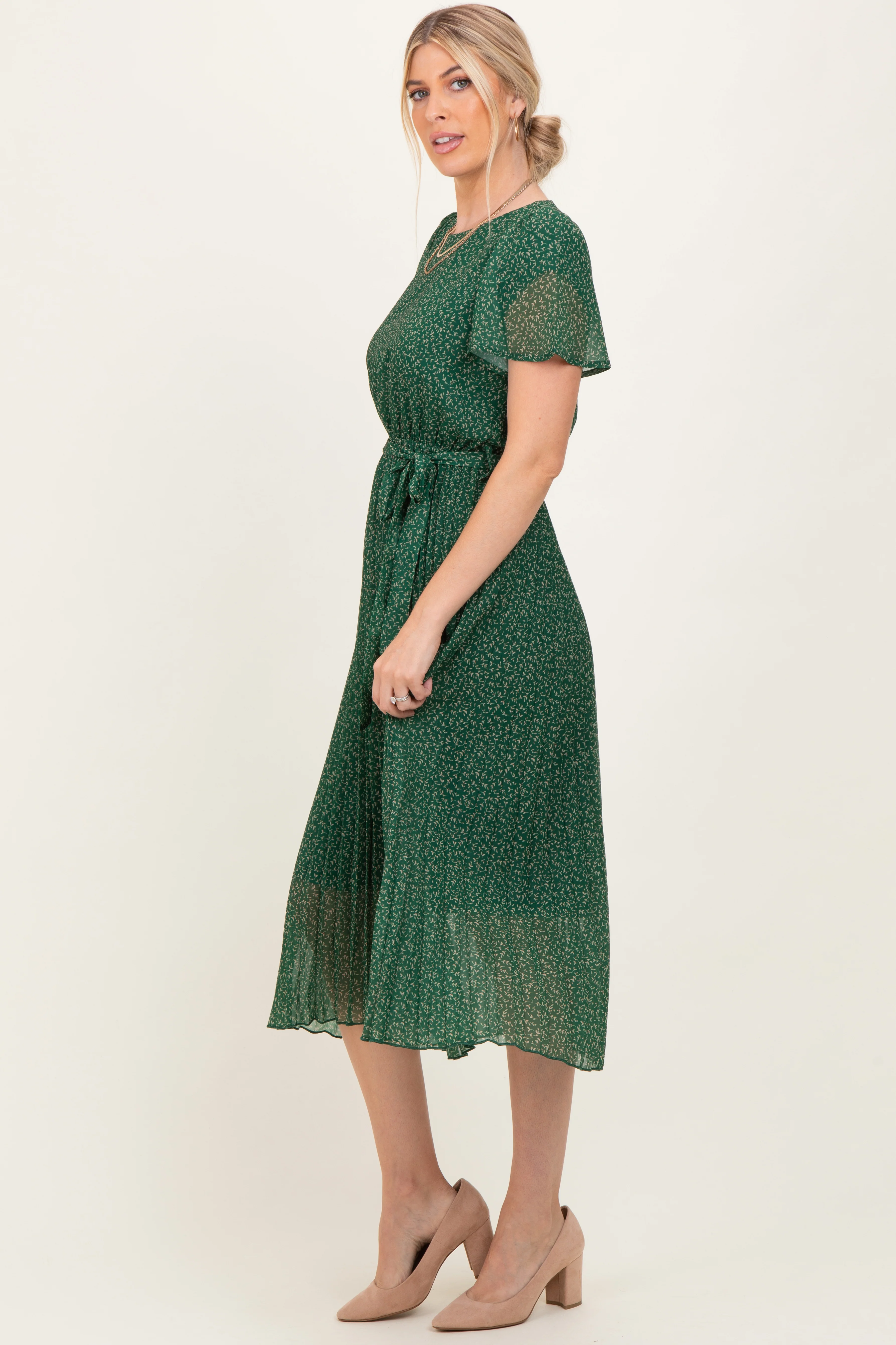 Forest Green Leaf Print Pleated Midi Dress - Image 3