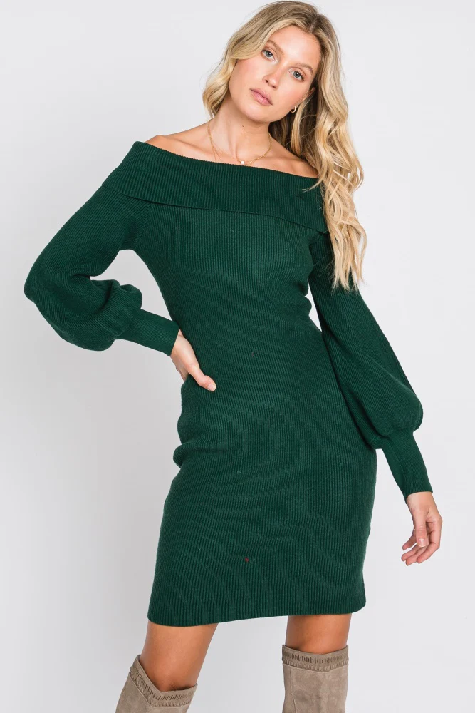 Forest Green Off Shoulder Bubble Sleeve Sweater Dress - Image 8