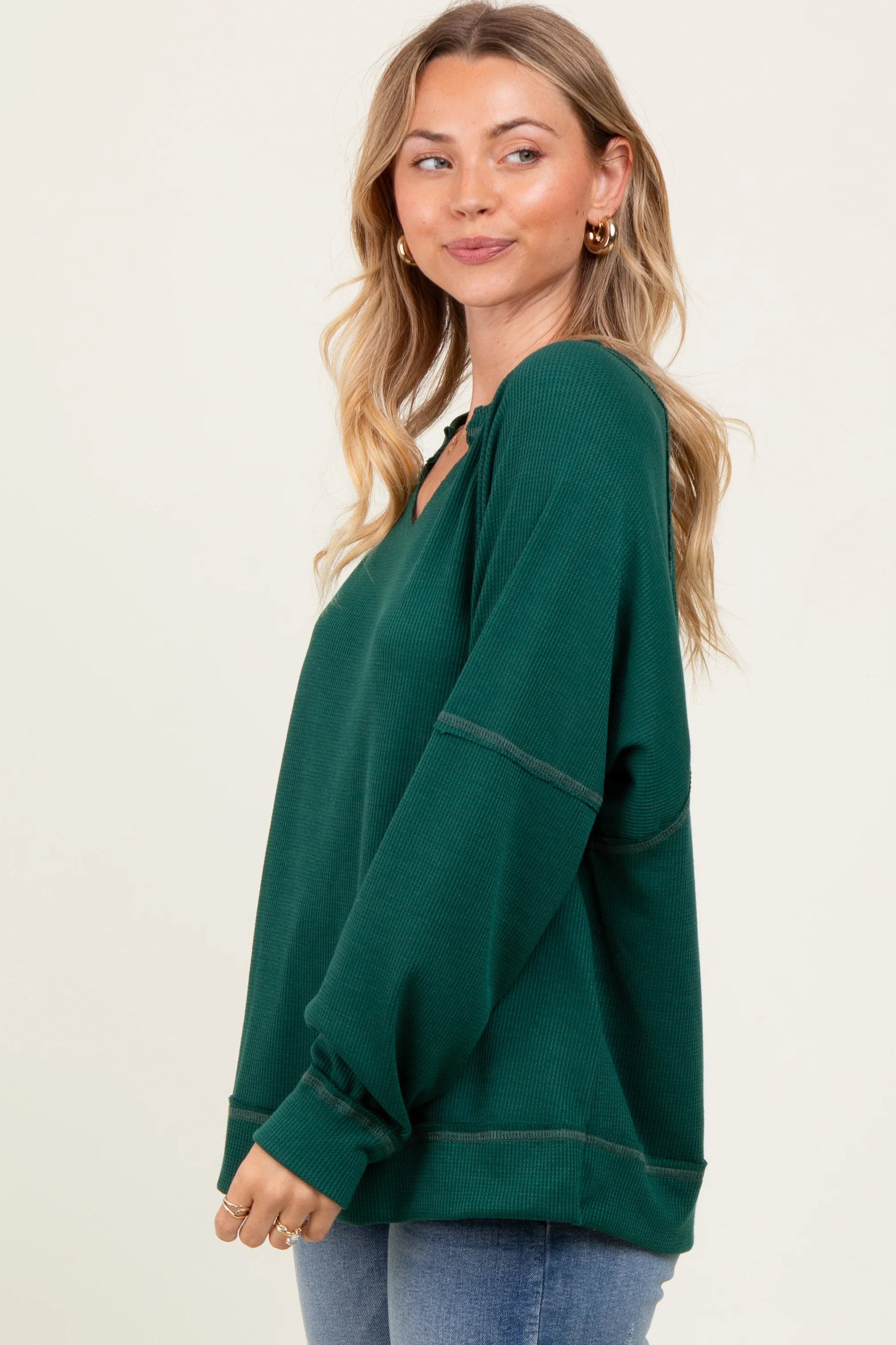 Forest Green Oversized V-Neck Waffle Knit Long Sleeve Top - Image 3
